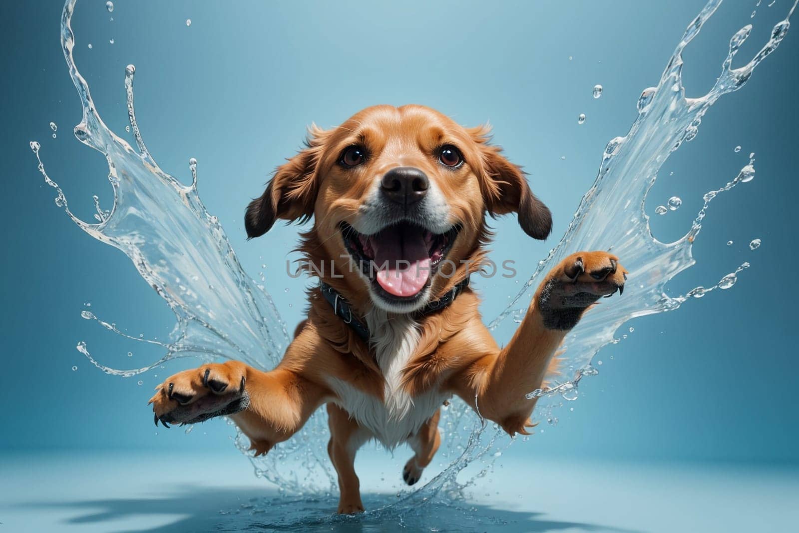 wet dog runs through puddles .