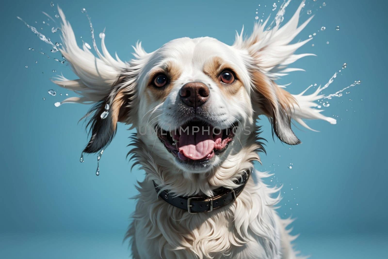 dog is wet, fur in water, washing .