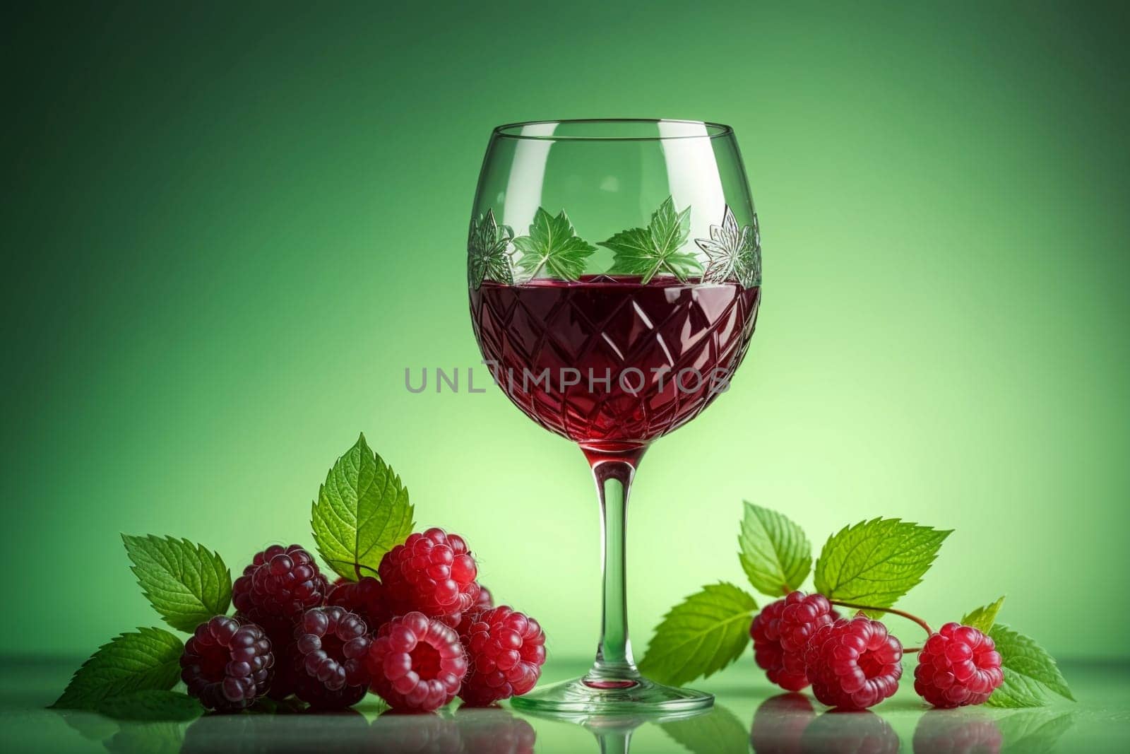raspberry liqueur, wine in a glass isolated on a green background .
