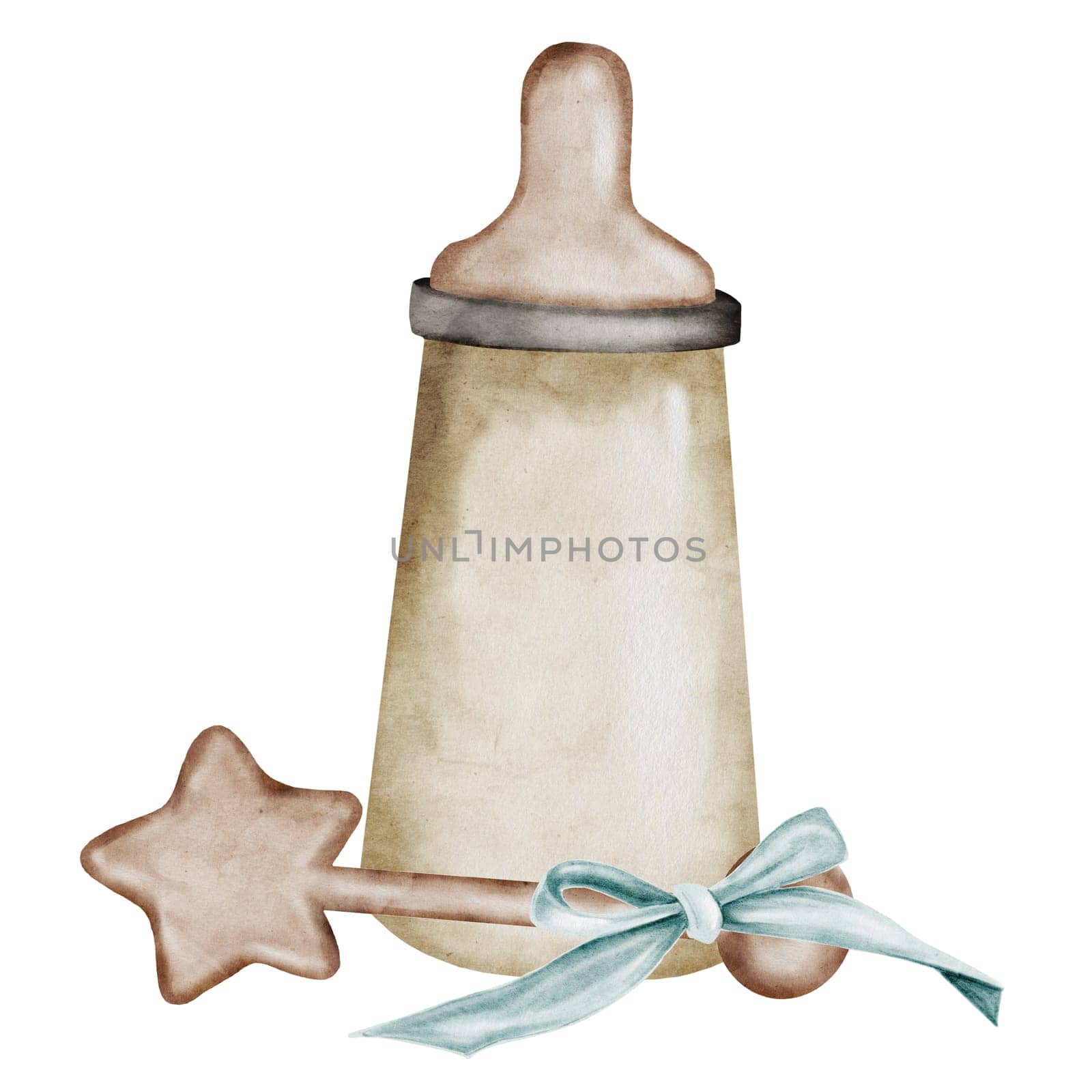 Baby retro accessories and toys. Watercolor composition of a baby bottle with a pacifier and a wooden rattle in the shape of a star with a blue bow. Ideal illustration for designing cards and invitations for baby shower and baby shower. High quality illustration