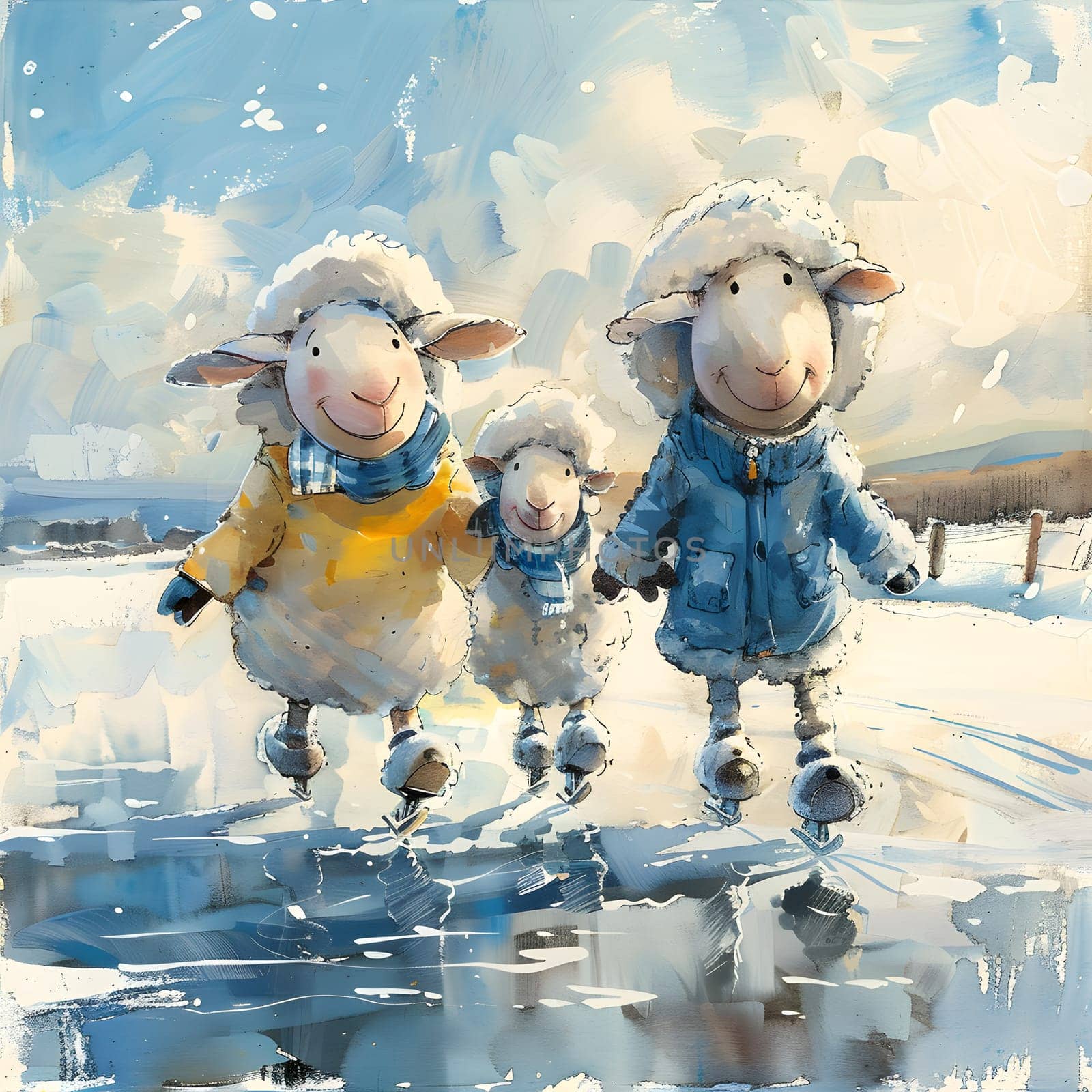 Three sheep having a fun day ice skating in a snowy painting by Nadtochiy