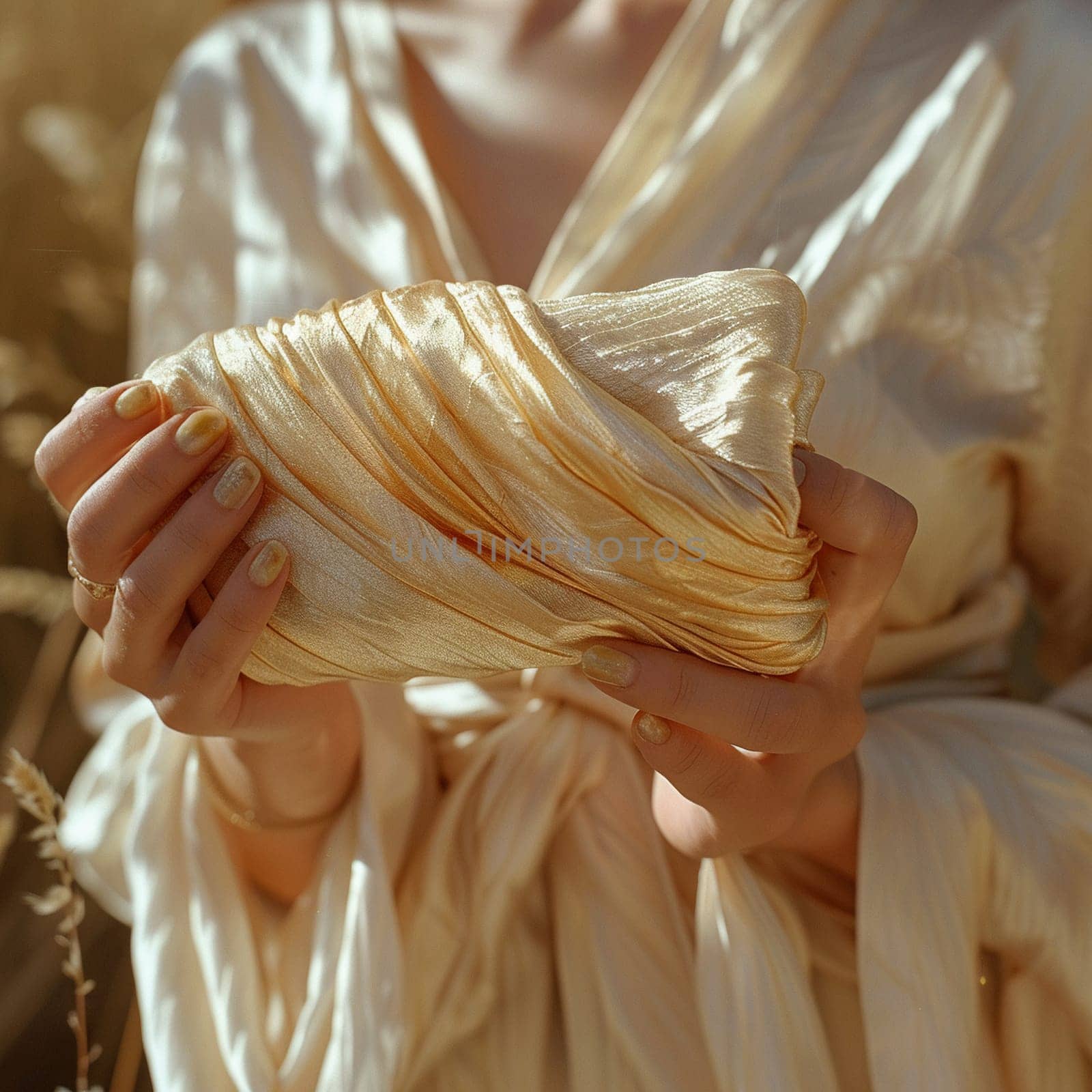 Hand holding a silk hair wrap, representing hair protection and beauty routines.