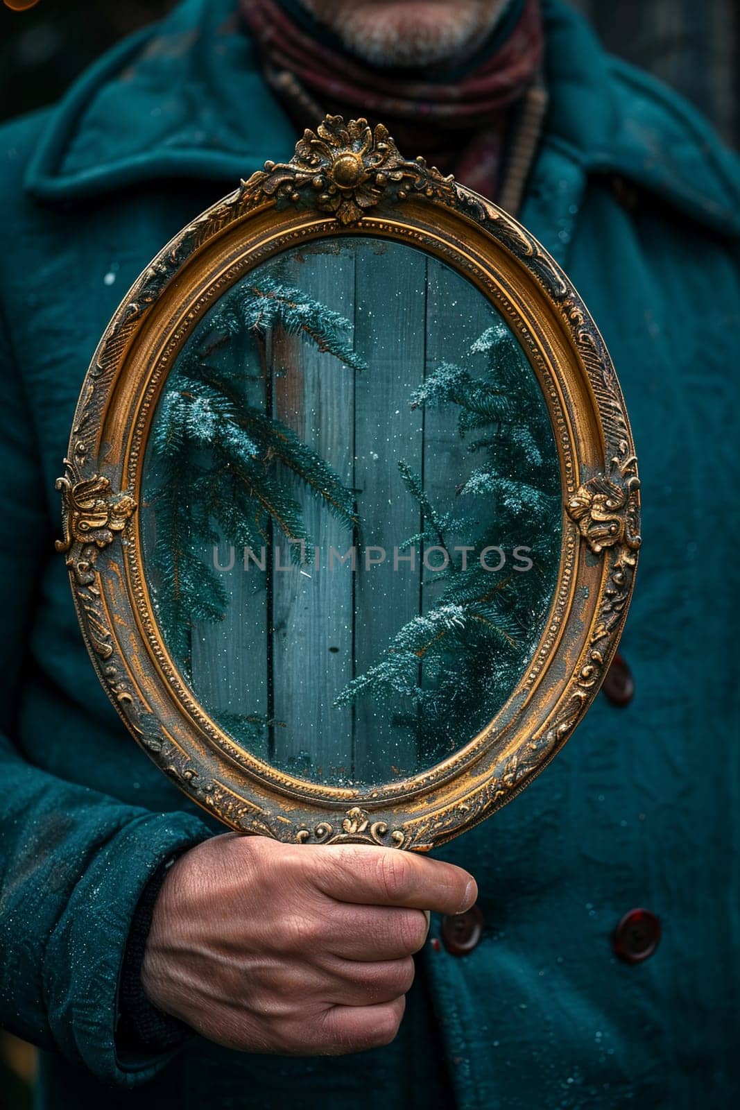 Hand holding an antique vanity mirror, representing timeless beauty and elegance.