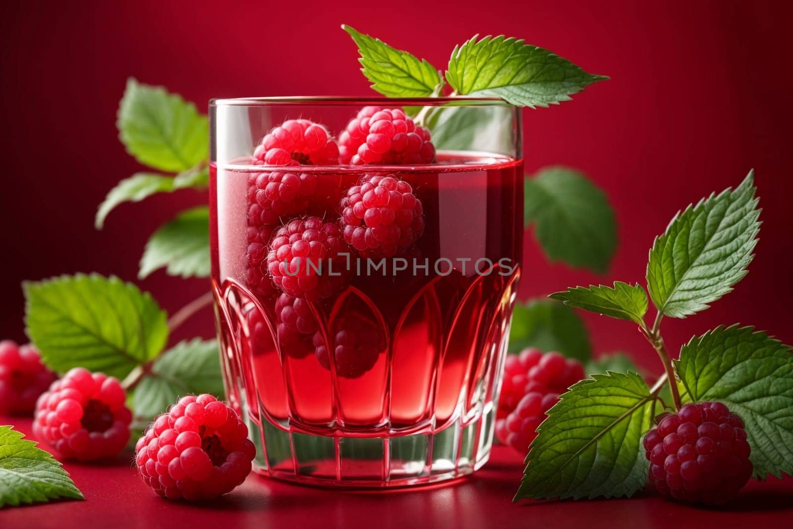 raspberry compote in a glass isolated on a red background .