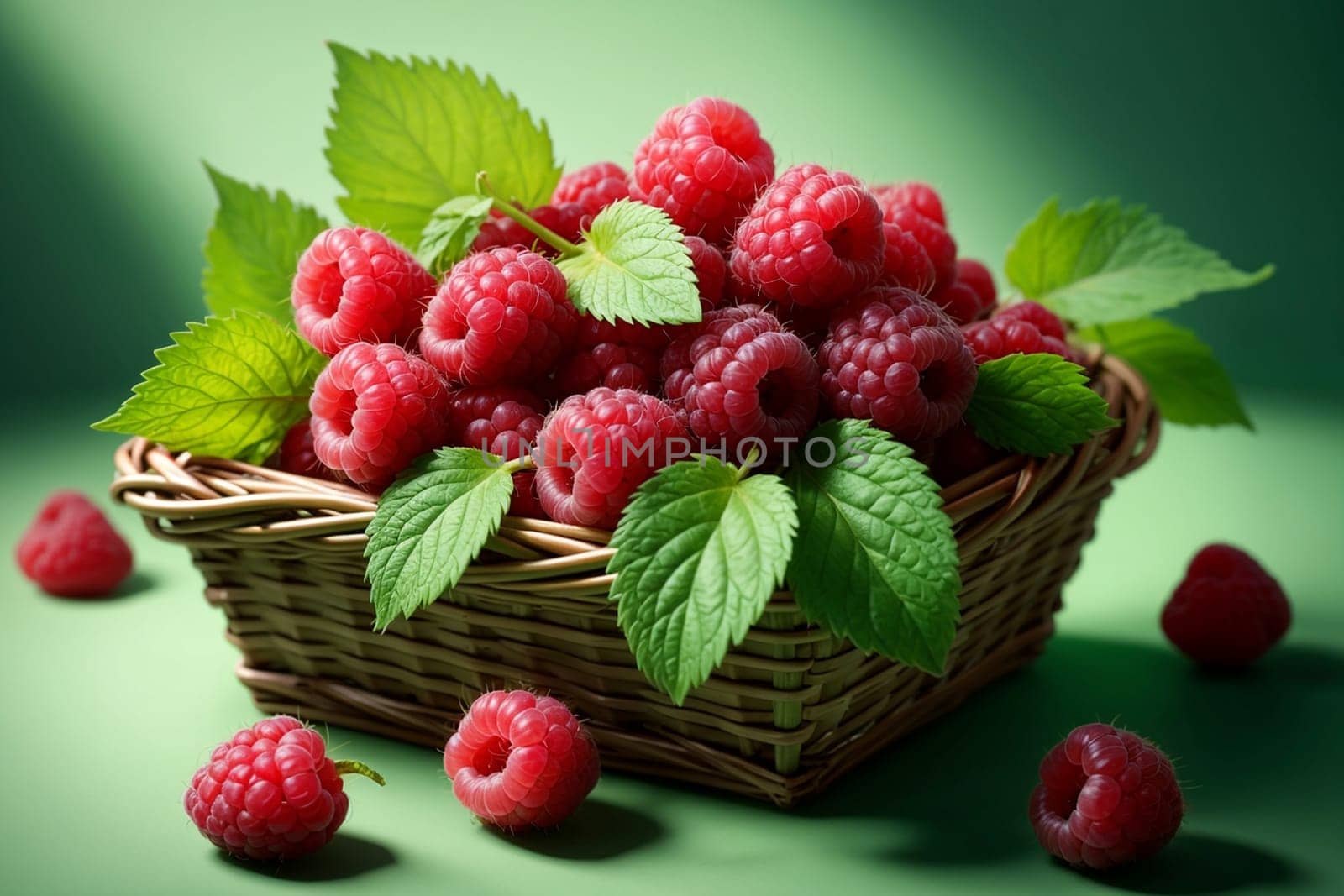 fresh raspberries in basket isolated on green background .