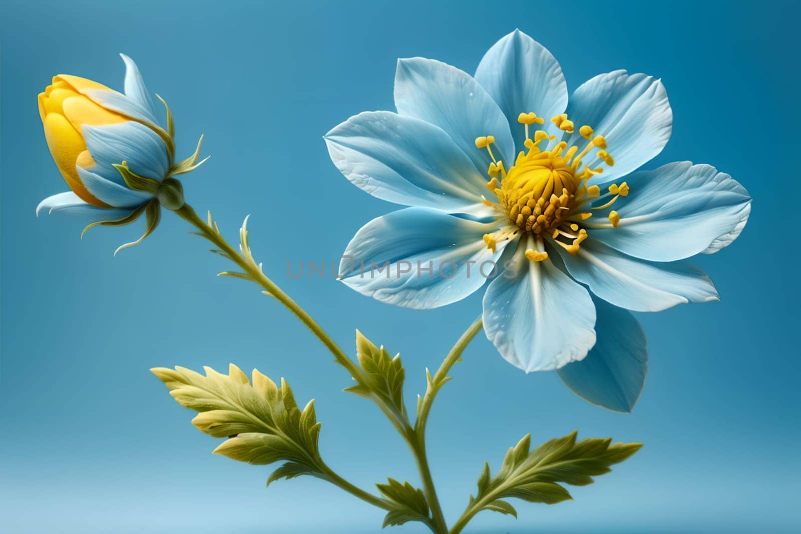 yellow blue flower isolated on a blue background.