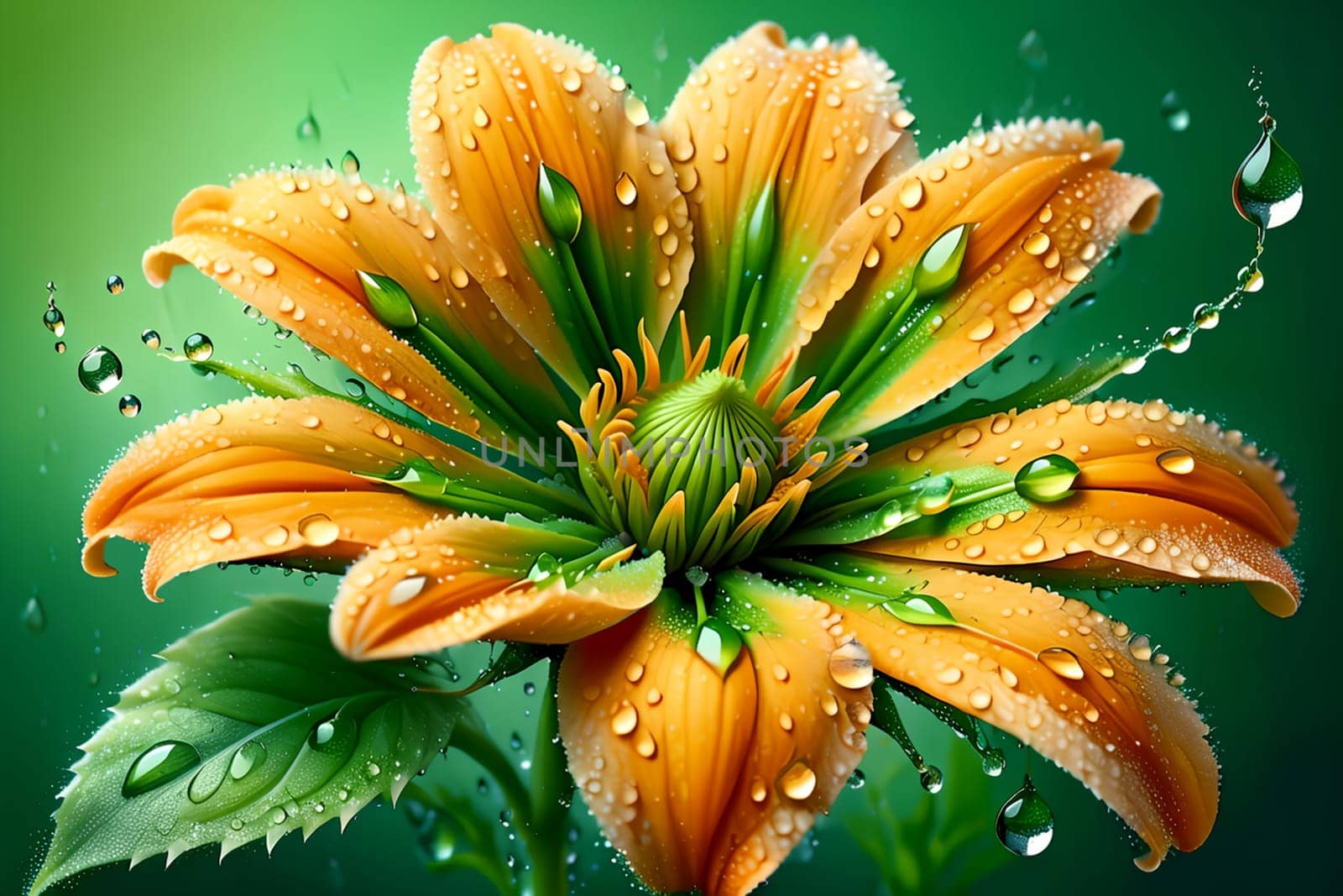 unusual orange flower with green foliage, isolated on green background