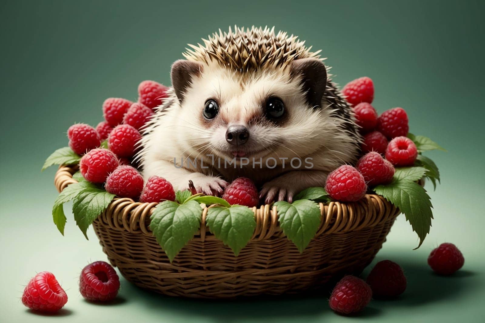 cute hedgehog in a basket with ripe raspberries .