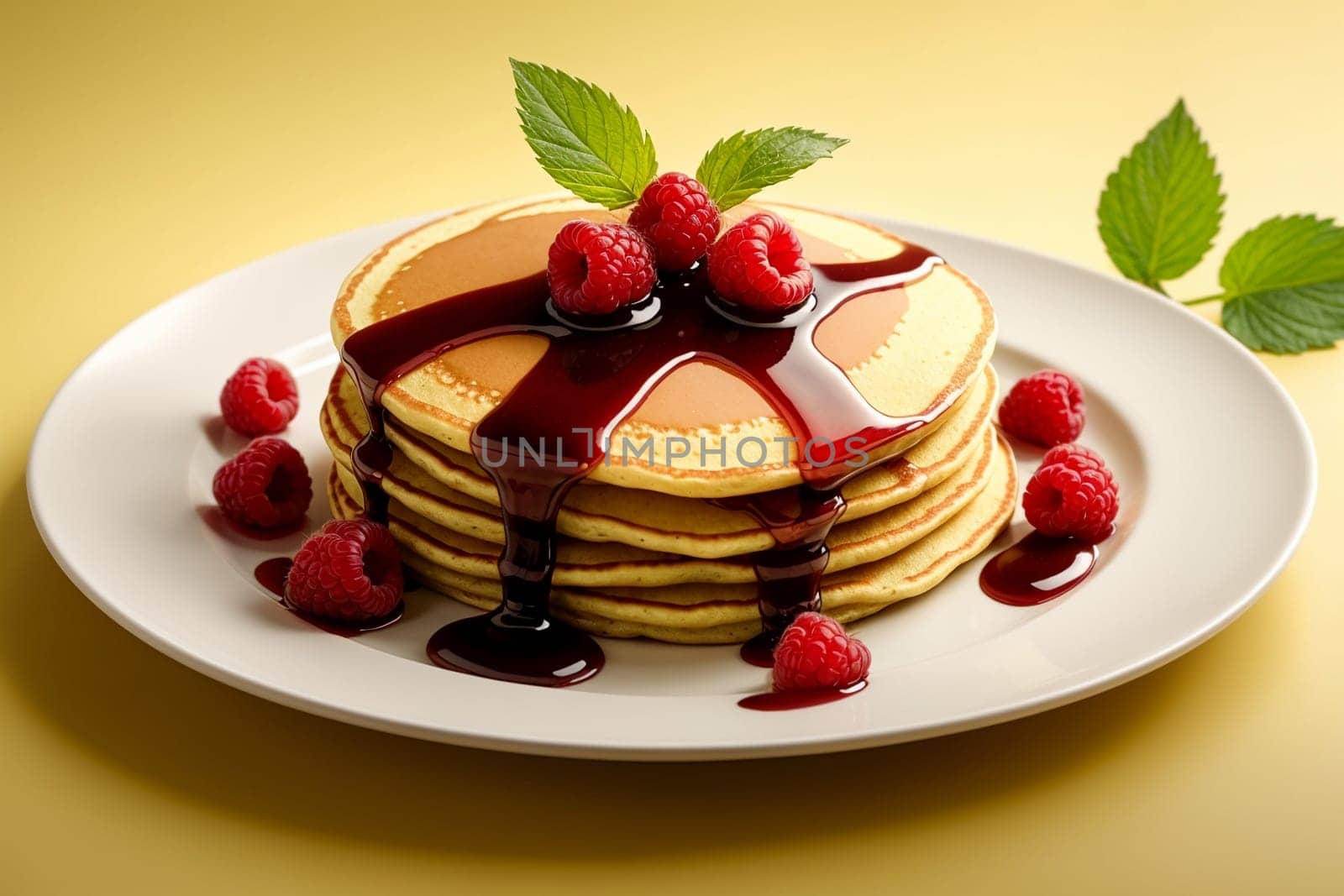 fried pancakes with raspberry jam in a plate isolated on a yellow background .