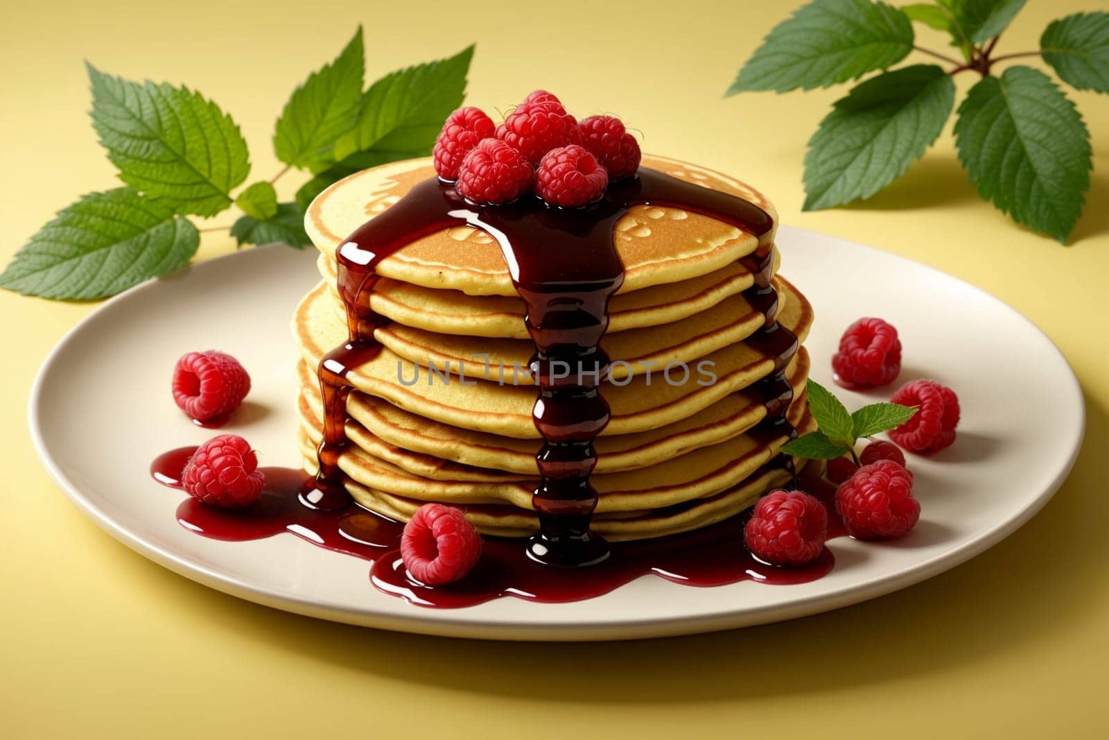 fried pancakes with raspberry jam in a plate isolated on a yellow background .