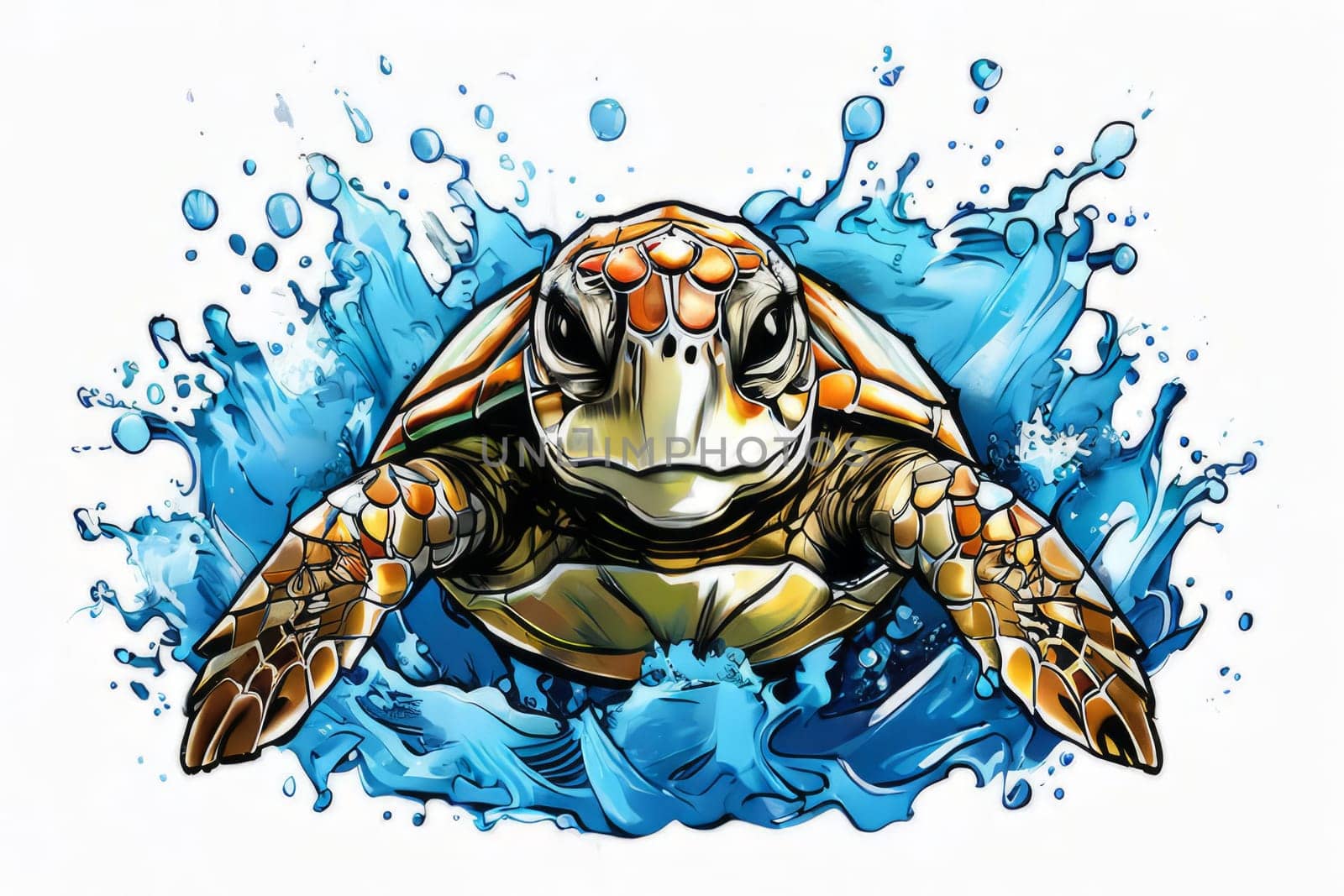 Turtle gracefully swimming in water. For educational materials for kids, game design, animated movies, tourism, stationery, Tshirt design, posters, postcards, childrens books