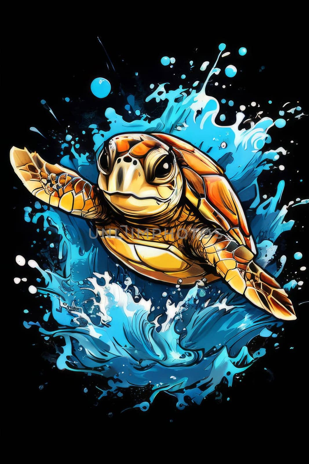 Exquisite image showcasing serene turtle gliding through crystal-clear blue waters of ocean. For fashion, clothing design, animal themed clothing advertising, Tshirt design. by Angelsmoon