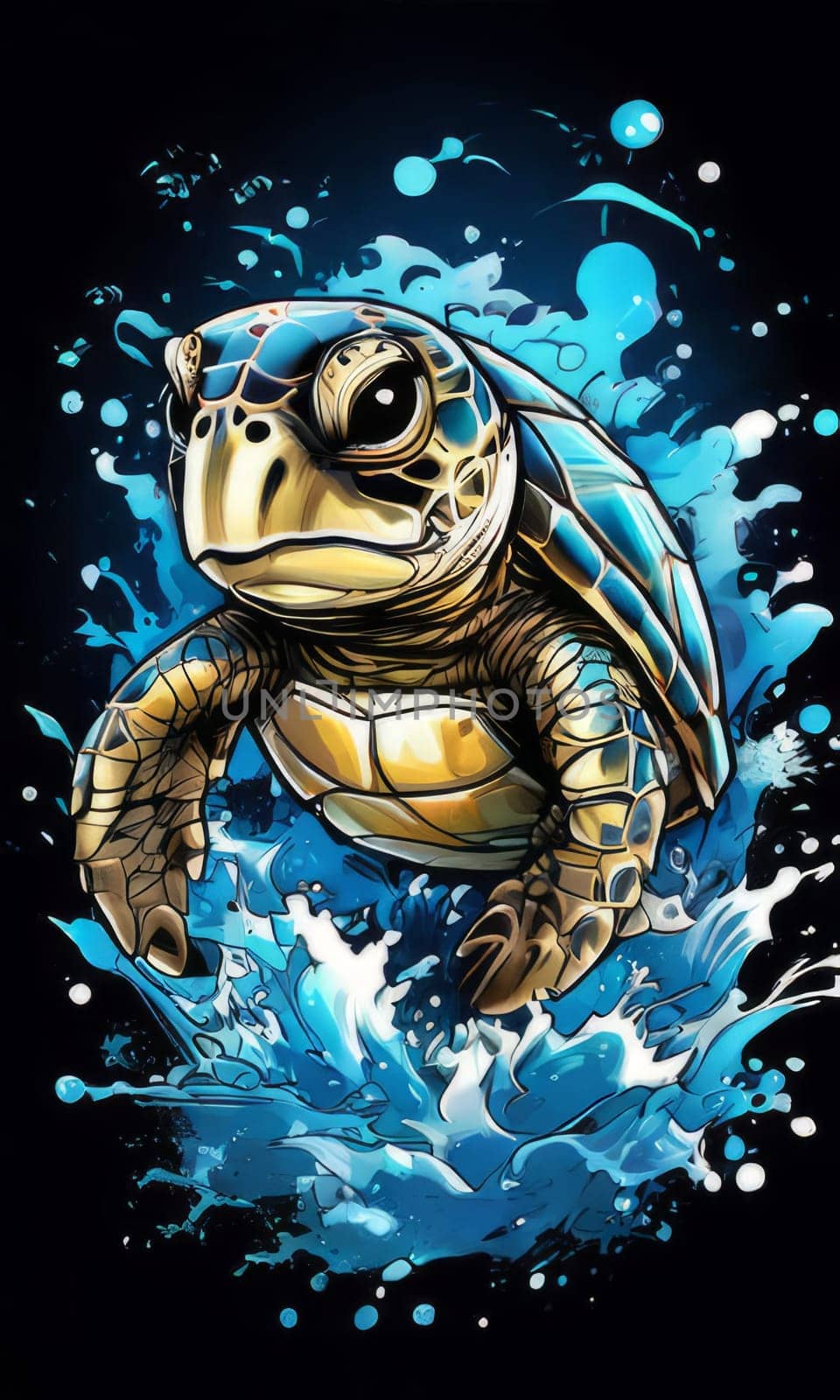 Turtle moves gracefully through water, its movements fluid, effortless. For fashion, clothing design, animal themed clothing advertising, as illustration for interesting clothing style, Tshirt design