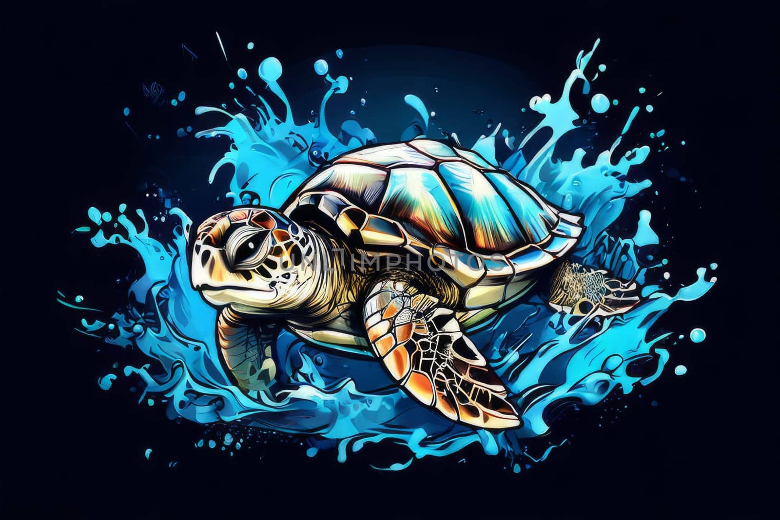 Exquisite image showcasing serene turtle gliding through crystal-clear blue waters of ocean. For fashion, clothing design, animal themed clothing advertising, Tshirt design