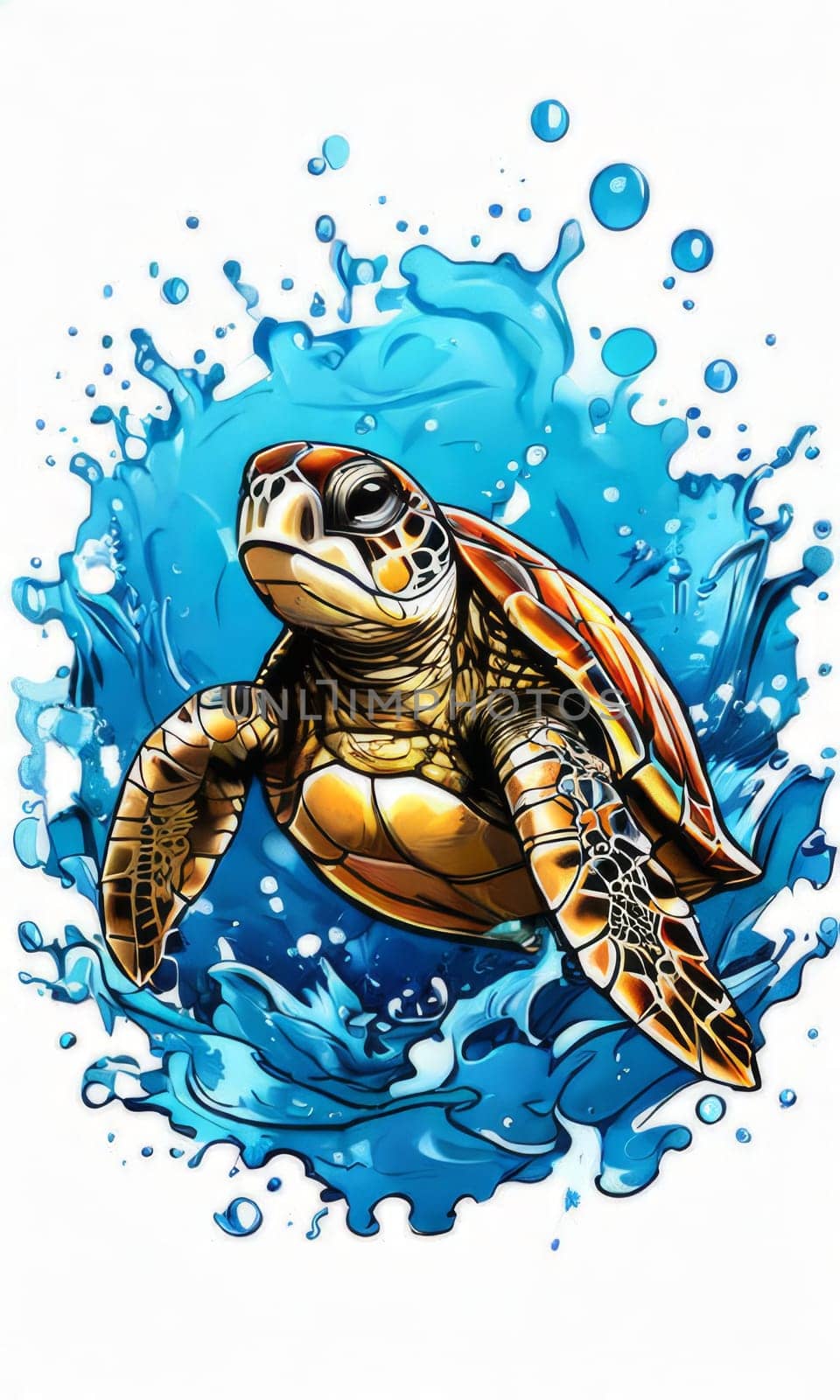 Turtle riding wave on white background. For Tshirt design, posters, postcards, other merchandise with marine theme, childrens books, educational materials for kids, tourism, stationery. by Angelsmoon