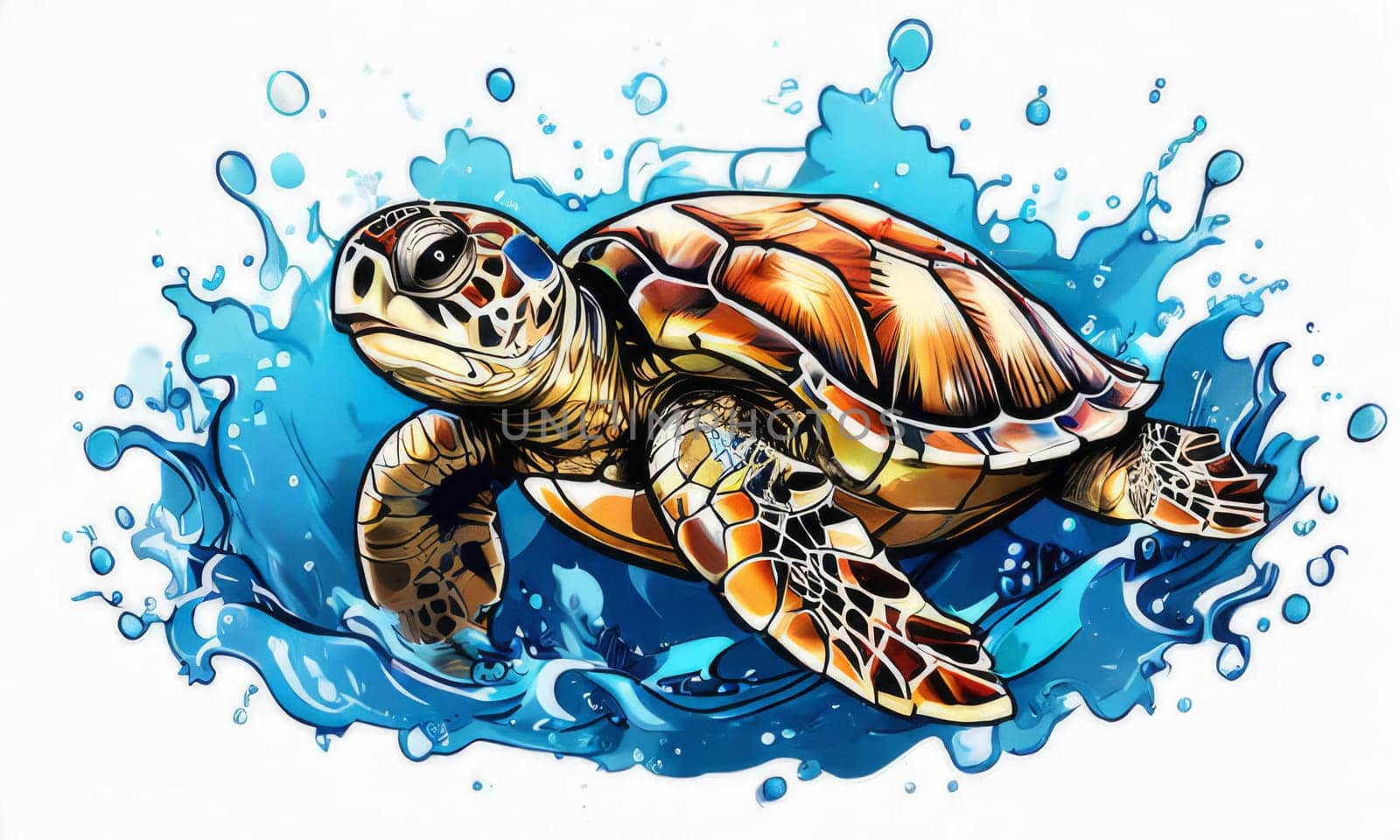Turtle moves gracefully through water, its movements fluid, effortless. For fashion, clothing design, animal themed clothing advertising, as illustration for interesting clothing style, Tshirt design