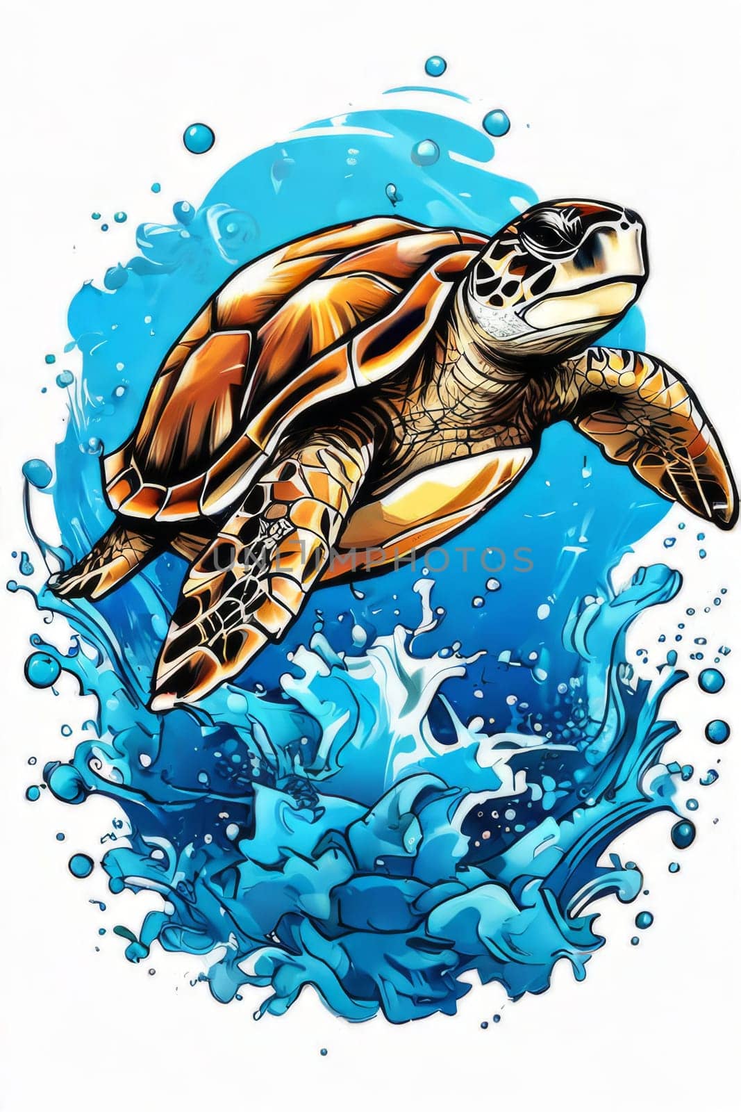 Majestic turtle is seen gliding effortlessly through water, its movements slow, graceful. For Tshirt design, posters, postcards, other merchandise with marine theme, childrens books