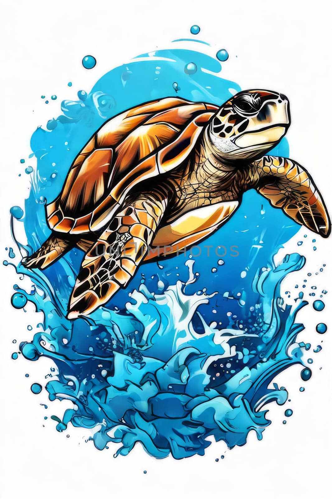 Majestic turtle is seen gliding effortlessly through water, its movements slow, graceful. For Tshirt design, posters, postcards, other merchandise with marine theme, childrens books. by Angelsmoon