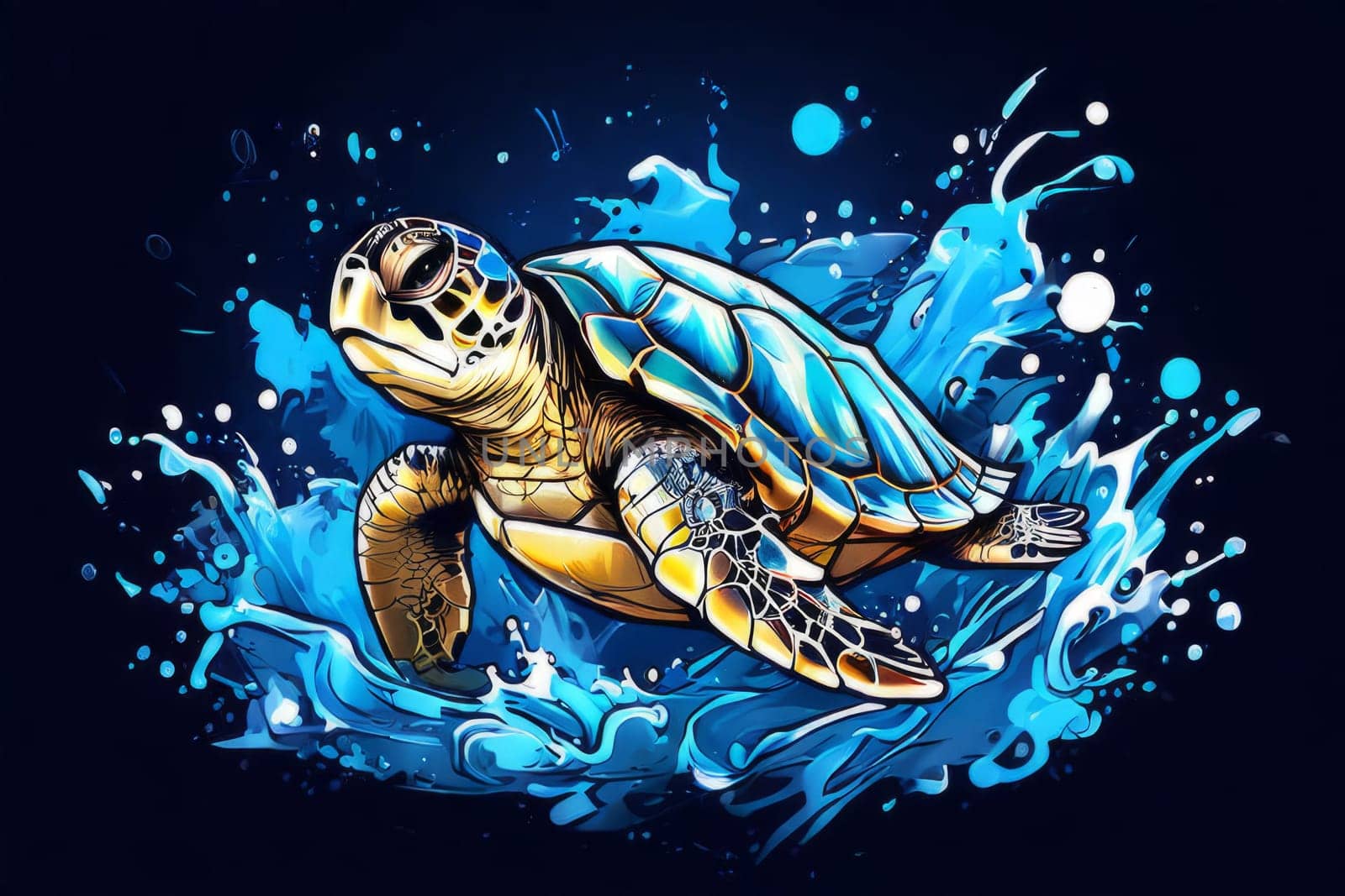 Exquisite image showcasing serene turtle gliding through crystal-clear blue waters of ocean. For fashion, clothing design, animal themed clothing advertising, Tshirt design
