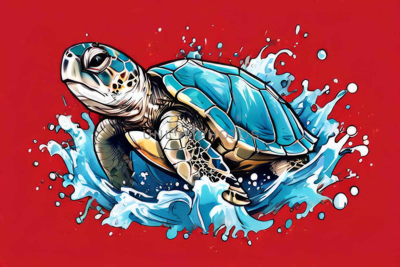 Turtle gracefully swimming in water. For educational materials for kids, game design, animated movies, tourism, stationery, Tshirt design, posters, postcards, childrens books