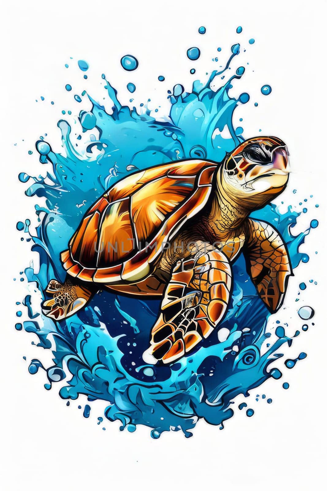 Turtle moves gracefully through water, its movements fluid, effortless. For fashion, clothing design, animal themed clothing advertising, as illustration for interesting clothing style, Tshirt design