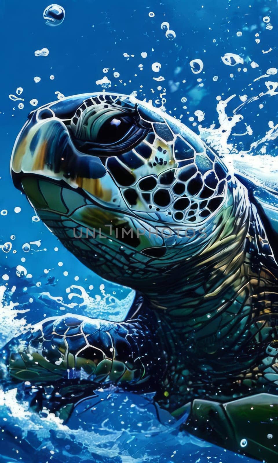 Majestic turtle is seen gliding effortlessly through water, its movements slow, graceful. For Tshirt design, posters, postcards, other merchandise with marine theme, childrens books