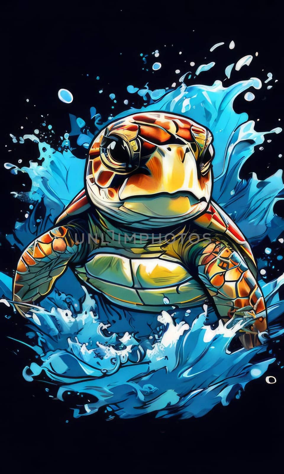 Exquisite image showcasing serene turtle gliding through crystal-clear blue waters of ocean. For fashion, clothing design, animal themed clothing advertising, Tshirt design. by Angelsmoon