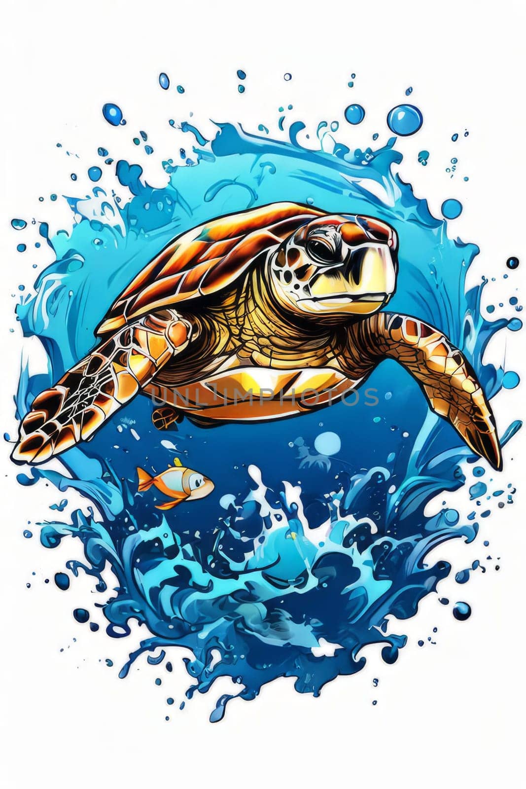 Turtle moves gracefully through water, its movements fluid, effortless. For fashion, clothing design, animal themed clothing advertising, as illustration for interesting clothing style, Tshirt design. by Angelsmoon