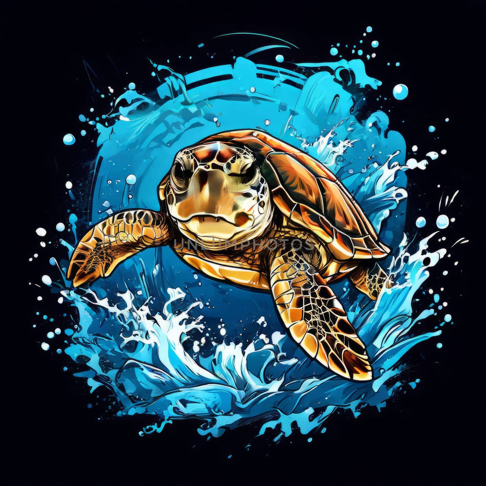 Turtle glides through its aquatic environment, showcasing beauty, tranquility of underwater world. For Tshirt design, posters, postcards, other merchandise with marine theme, childrens books, tourism