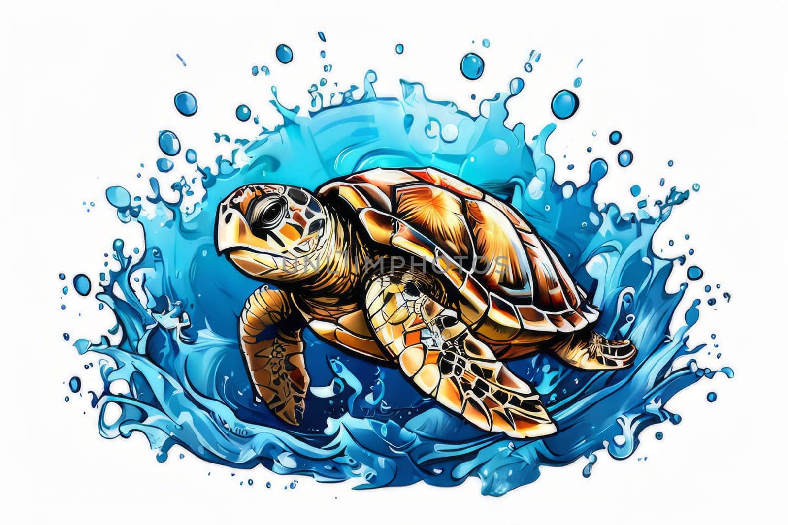 Majestic turtle glides effortlessly through clear blue waters, its shell glistening in sunlight. For educational materials for kids, game design, animated movies, tourism, stationery, Tshirt design
