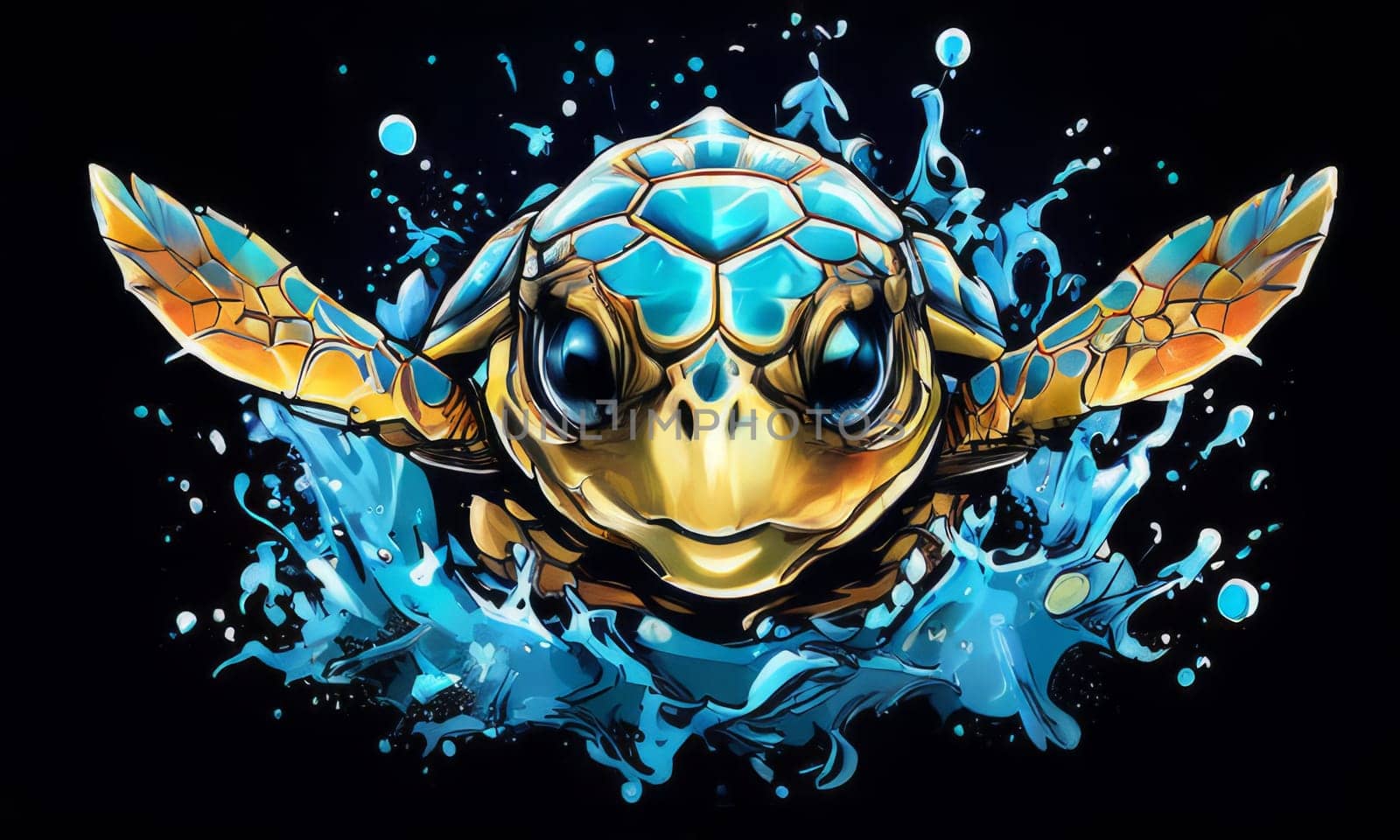 Turtle gracefully swimming in water. For educational materials for kids, game design, animated movies, tourism, stationery, Tshirt design, posters, postcards, childrens books