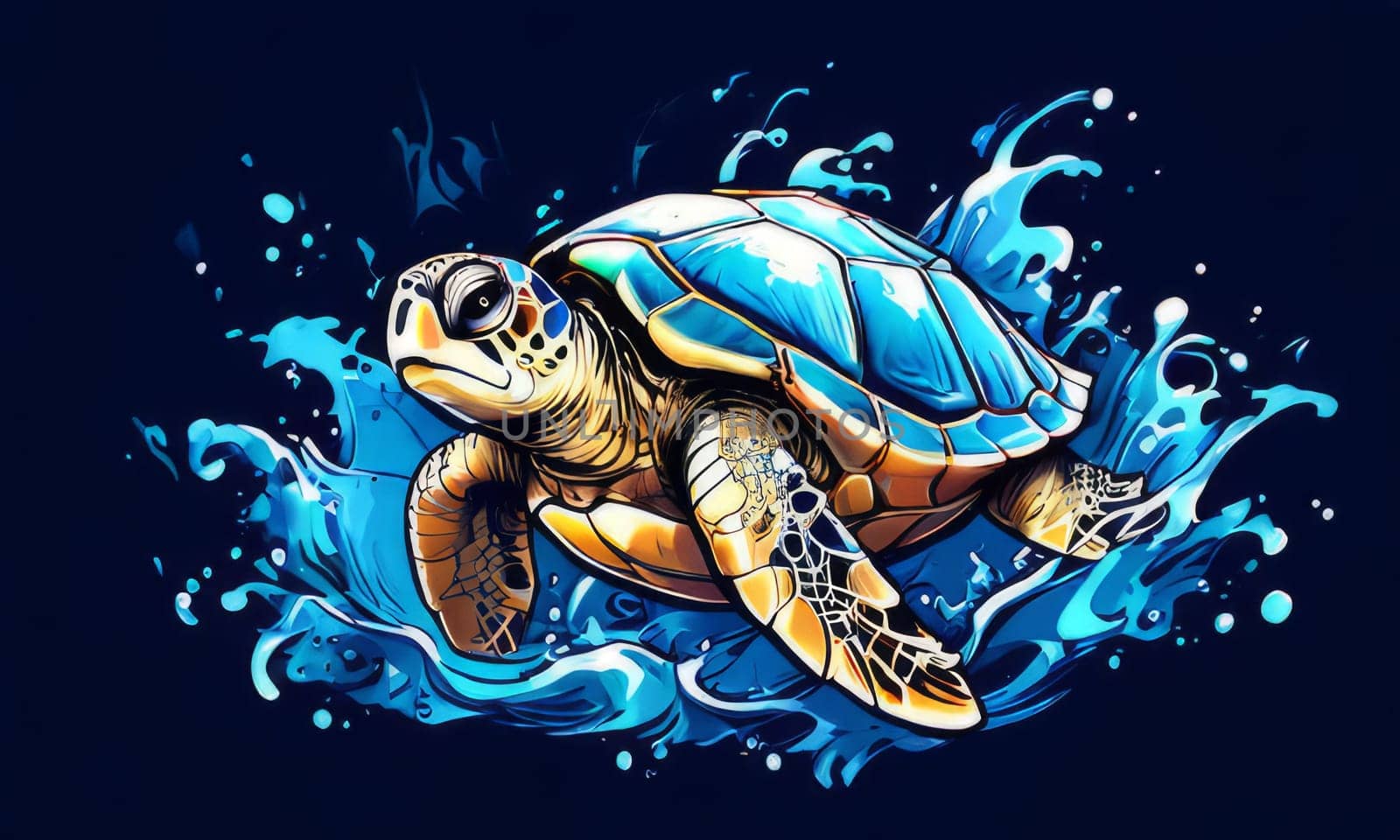 Turtle moves gracefully through water, its movements fluid, effortless. For fashion, clothing design, animal themed clothing advertising, as illustration for interesting clothing style, Tshirt design