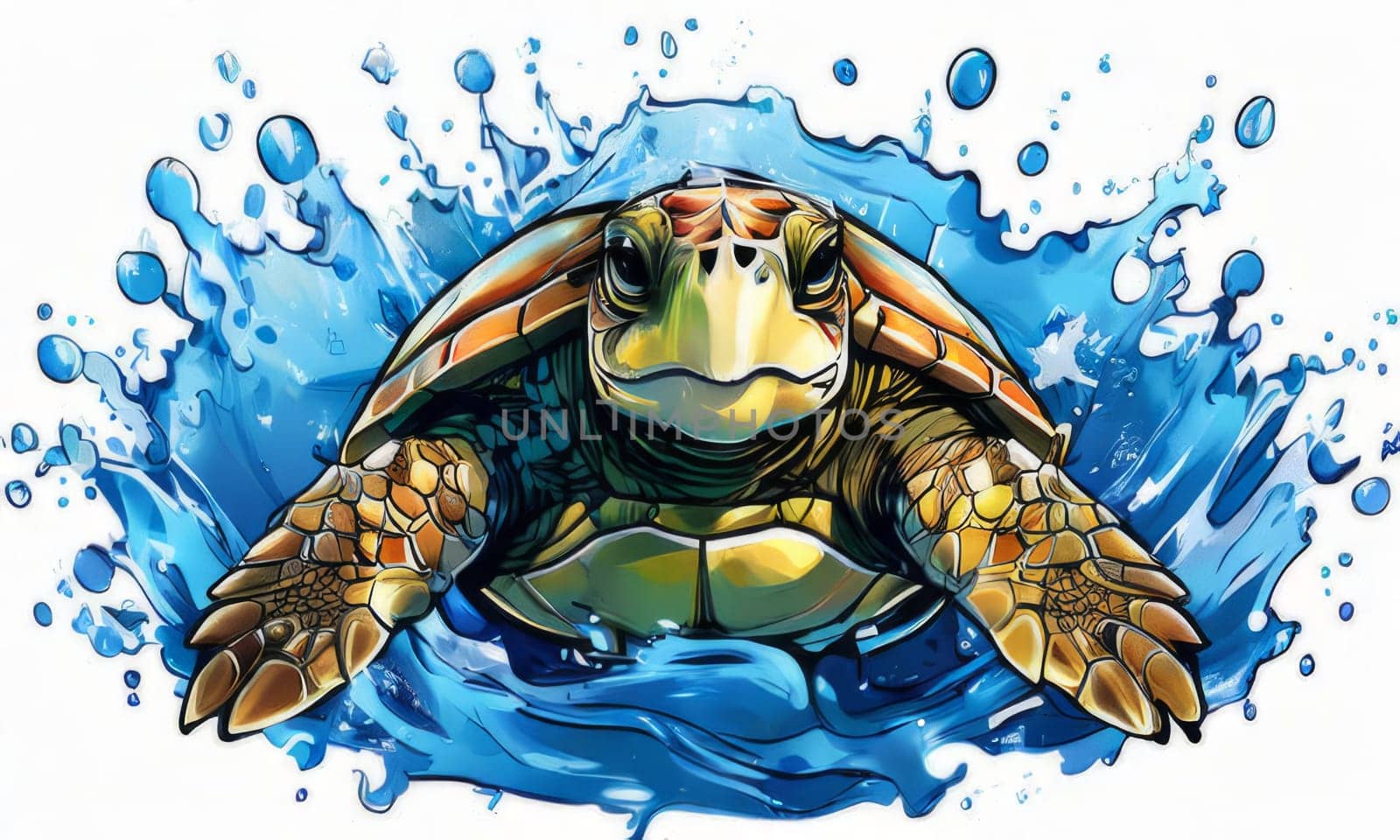 Vibrant sea turtle elegantly maneuvering its way through shimmering azure ocean depths, showcasing beauty, tranquility of marine life in its natural habitat.For fashion, clothing design, Tshirt design