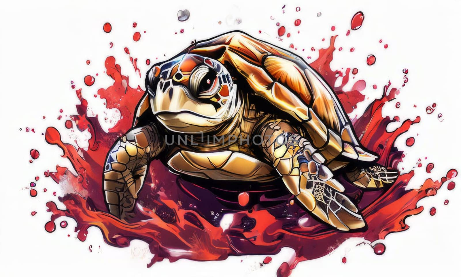 Turtle gracefully swimming in water surrounded by bubbles, showcasing its serene underwater world. For Tshirt design, posters, postcards, other merchandise with marine theme, childrens books