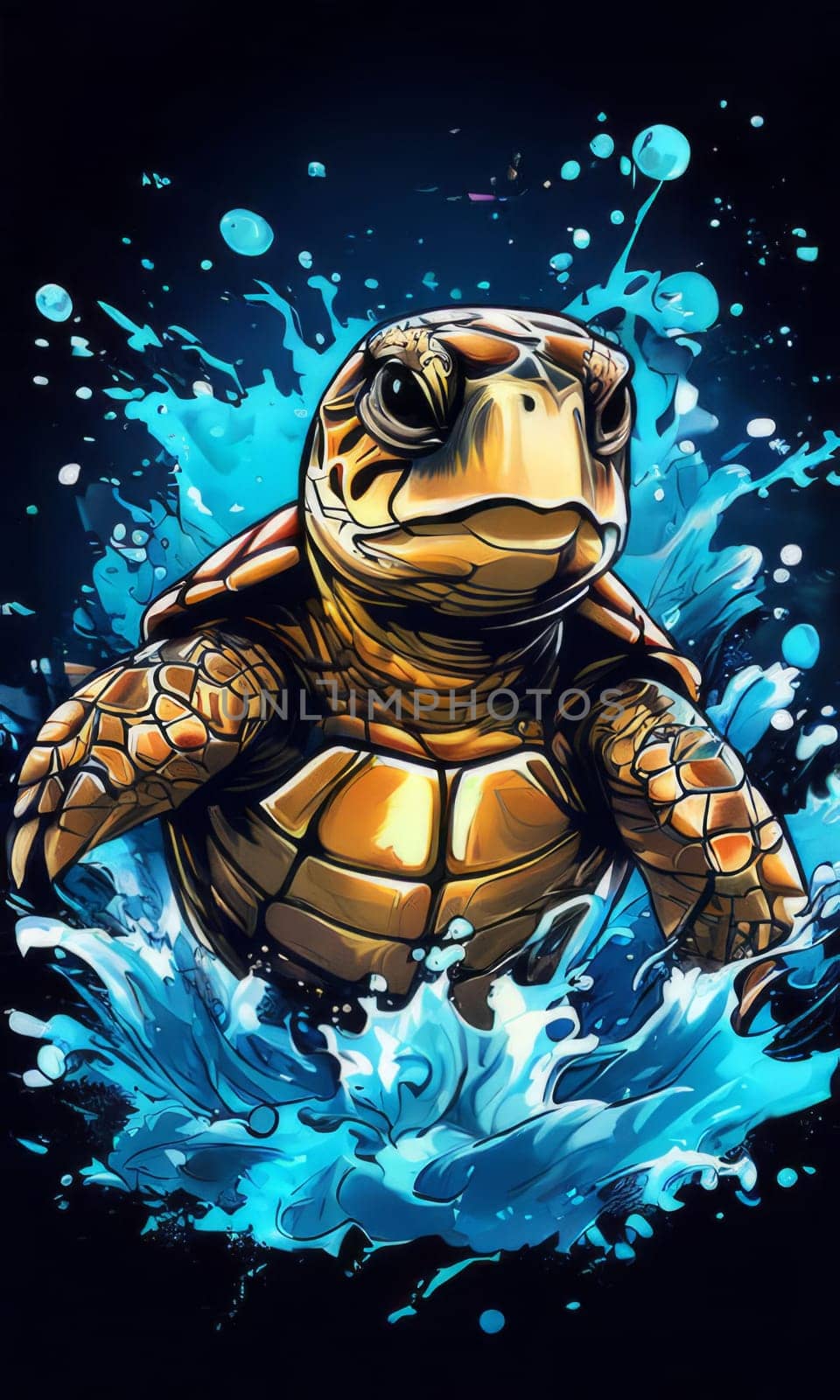 Serene turtle gracefully swimming through water amidst trail of bubbles. For fashion, clothing design, animal themed clothing advertising, as illustration for interesting clothing style, Tshirt design