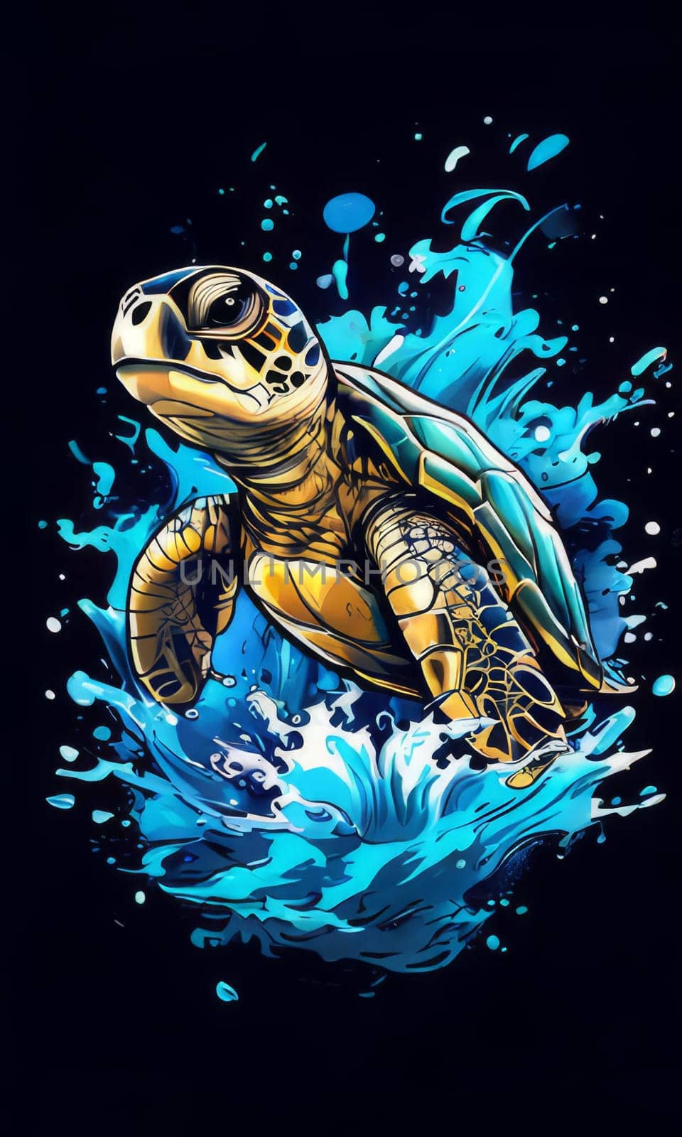 Exquisite image showcasing serene turtle gliding through crystal-clear blue waters of ocean. For fashion, clothing design, animal themed clothing advertising, Tshirt design. by Angelsmoon