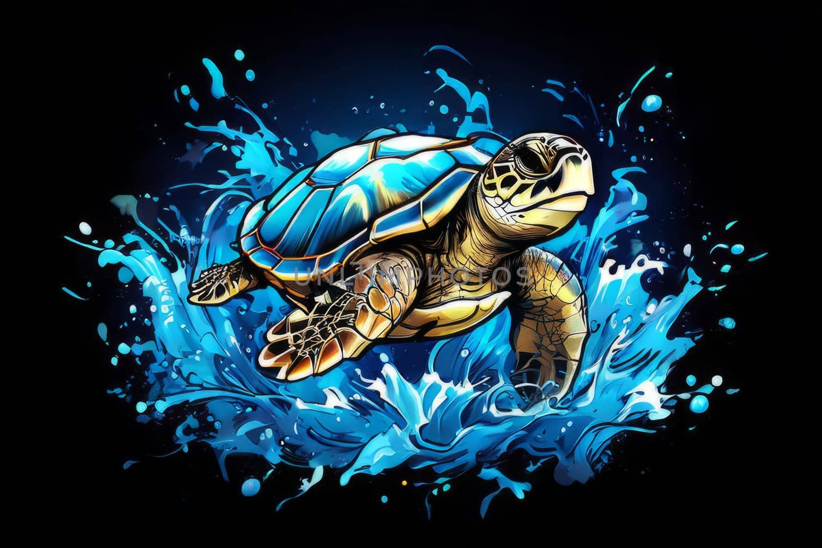 Exquisite image showcasing serene turtle gliding through crystal-clear blue waters of ocean. For fashion, clothing design, animal themed clothing advertising, Tshirt design