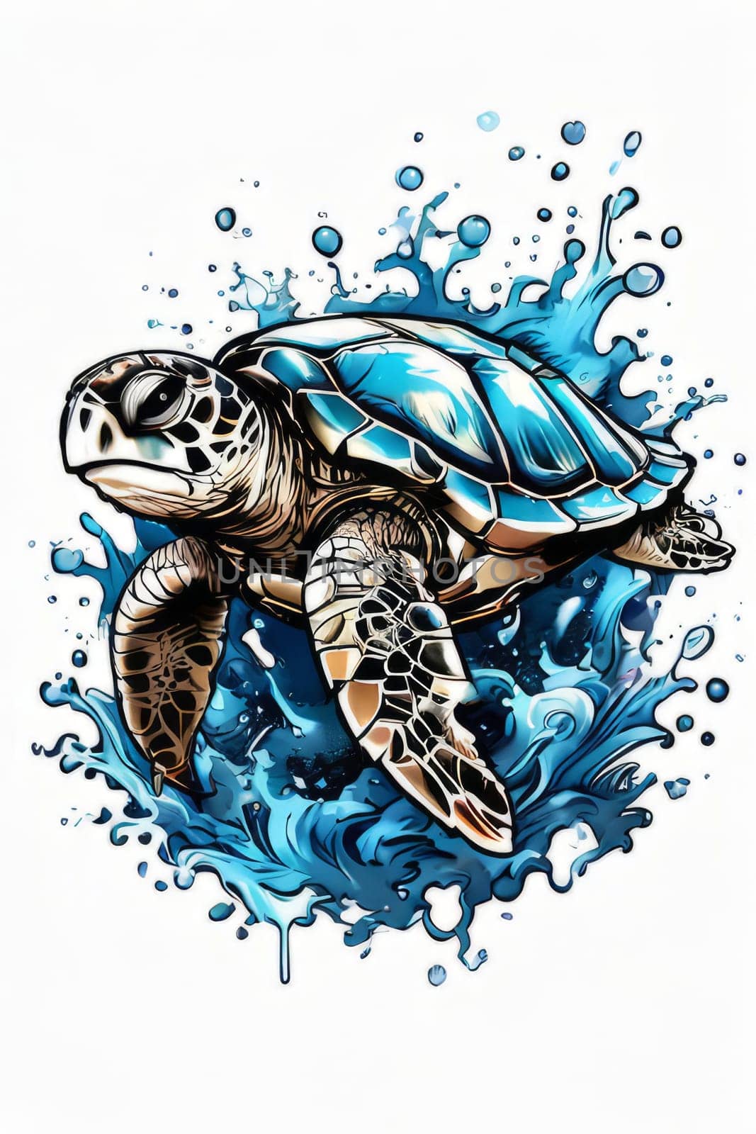 Turtle gracefully swimming in water. For educational materials for kids, game design, animated movies, tourism, stationery, Tshirt design, posters, postcards, childrens books