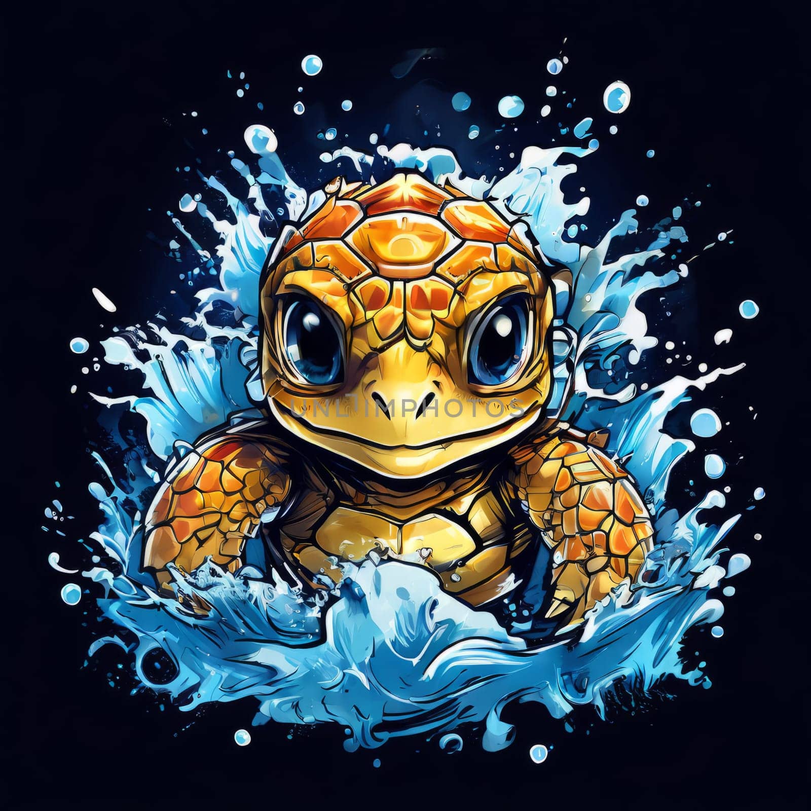 Turtle glides through its aquatic environment, showcasing beauty, tranquility of underwater world. For Tshirt design, posters, postcards, other merchandise with marine theme, childrens books, tourism