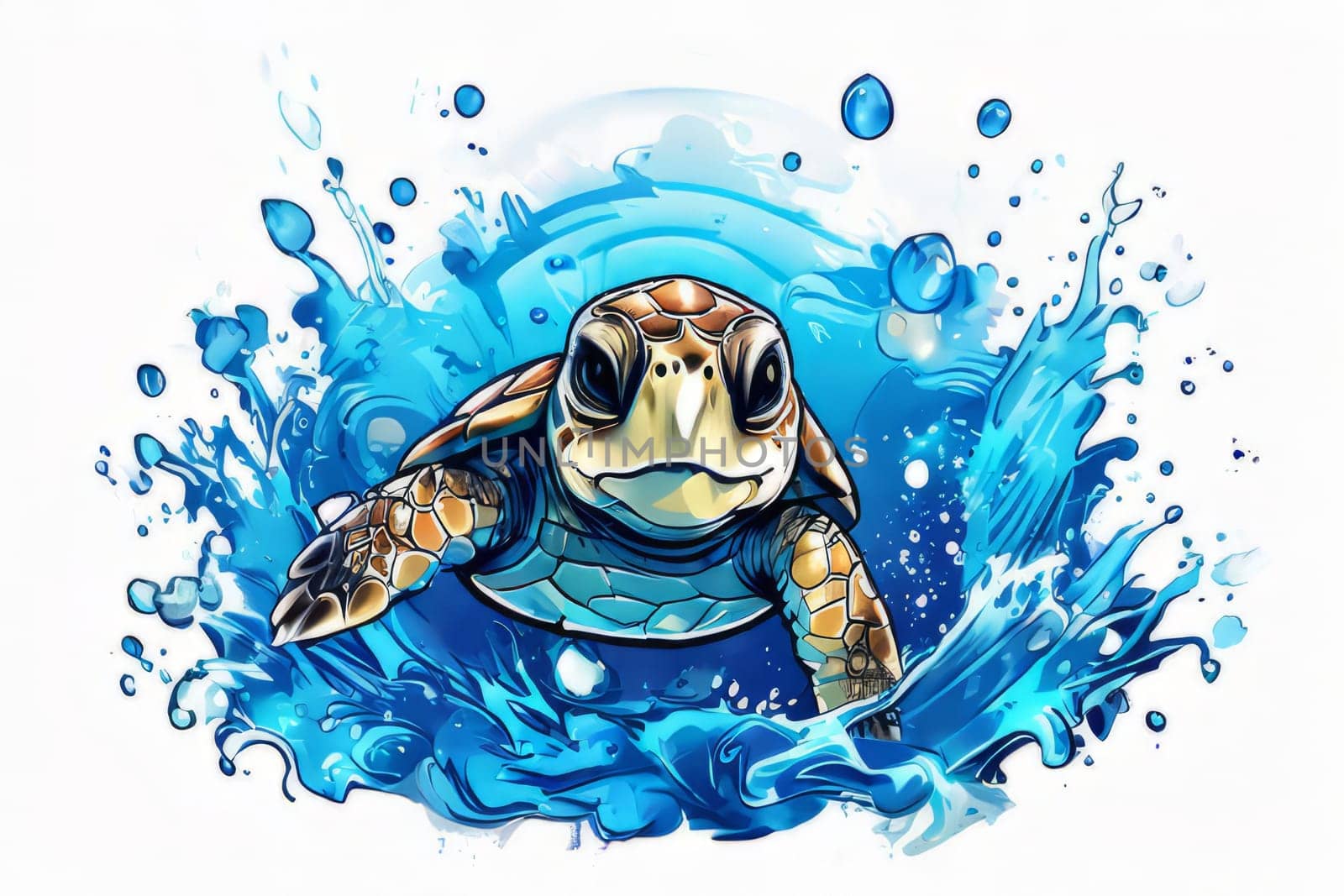 Vibrant sea turtle elegantly maneuvering its way through shimmering azure ocean depths, showcasing beauty, tranquility of marine life in its natural habitat.For fashion, clothing design, Tshirt design