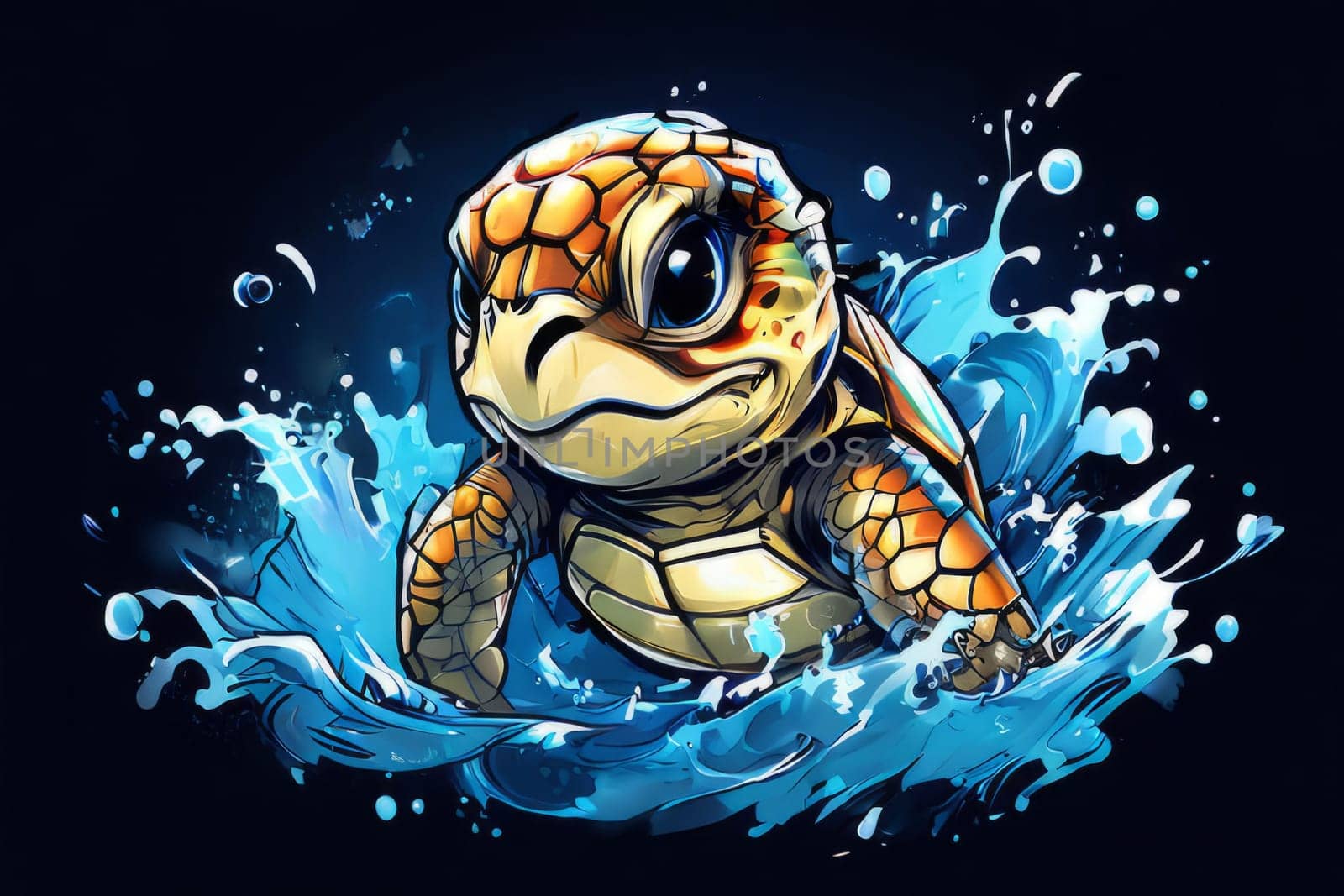 Majestic turtle glides effortlessly through clear blue waters, its shell glistening in sunlight. For educational materials for kids, game design, animated movies, tourism, stationery, Tshirt design