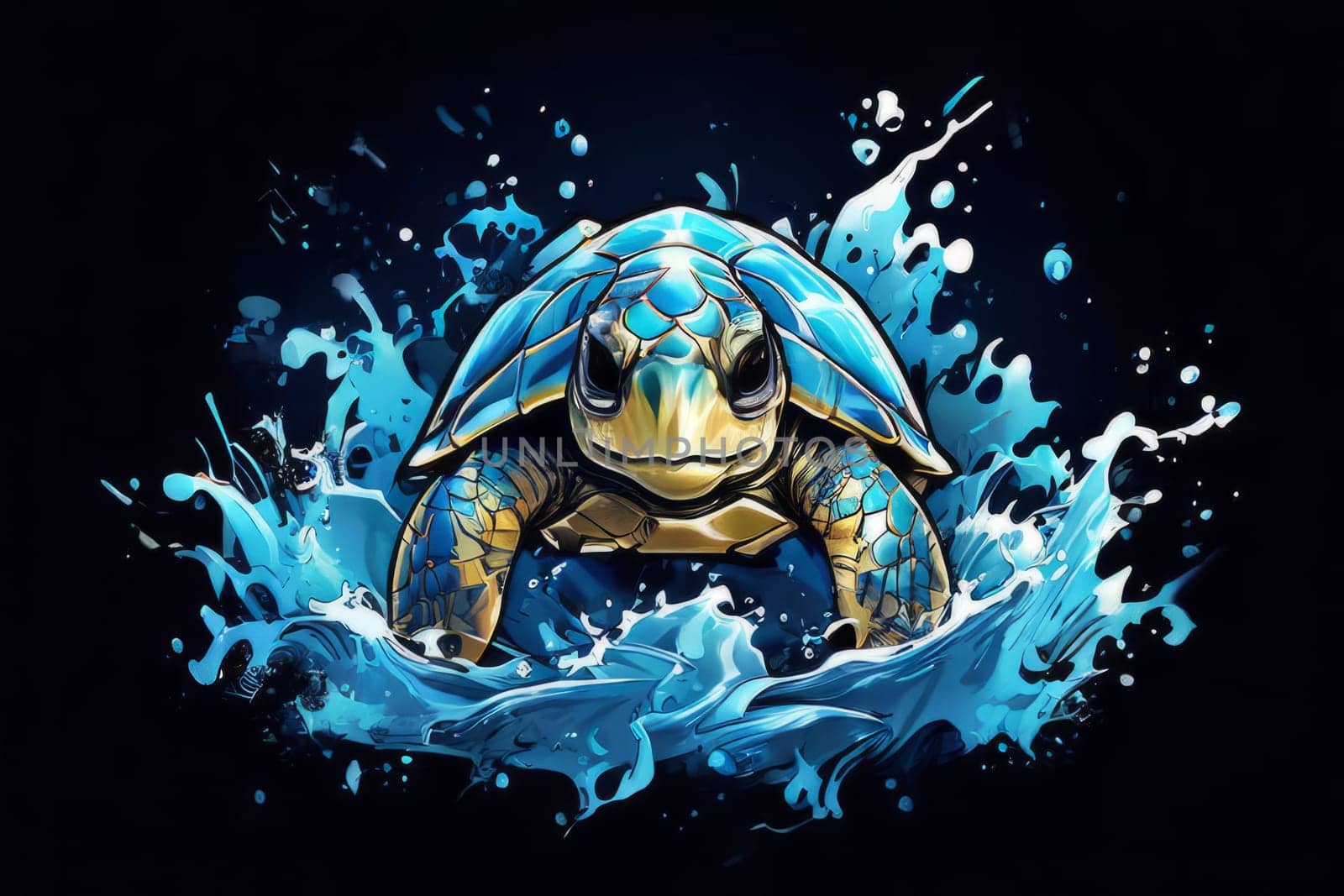 Serene turtle gracefully swimming through water amidst trail of bubbles. For fashion, clothing design, animal themed clothing advertising, as illustration for interesting clothing style, Tshirt design