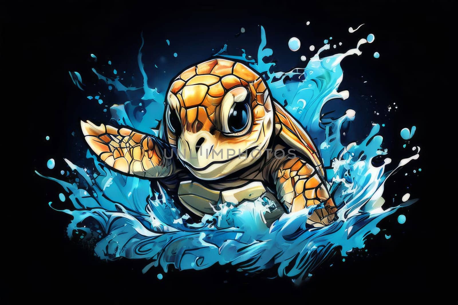 Majestic turtle is seen gliding effortlessly through water, its movements slow, graceful. For Tshirt design, posters, postcards, other merchandise with marine theme, childrens books. by Angelsmoon