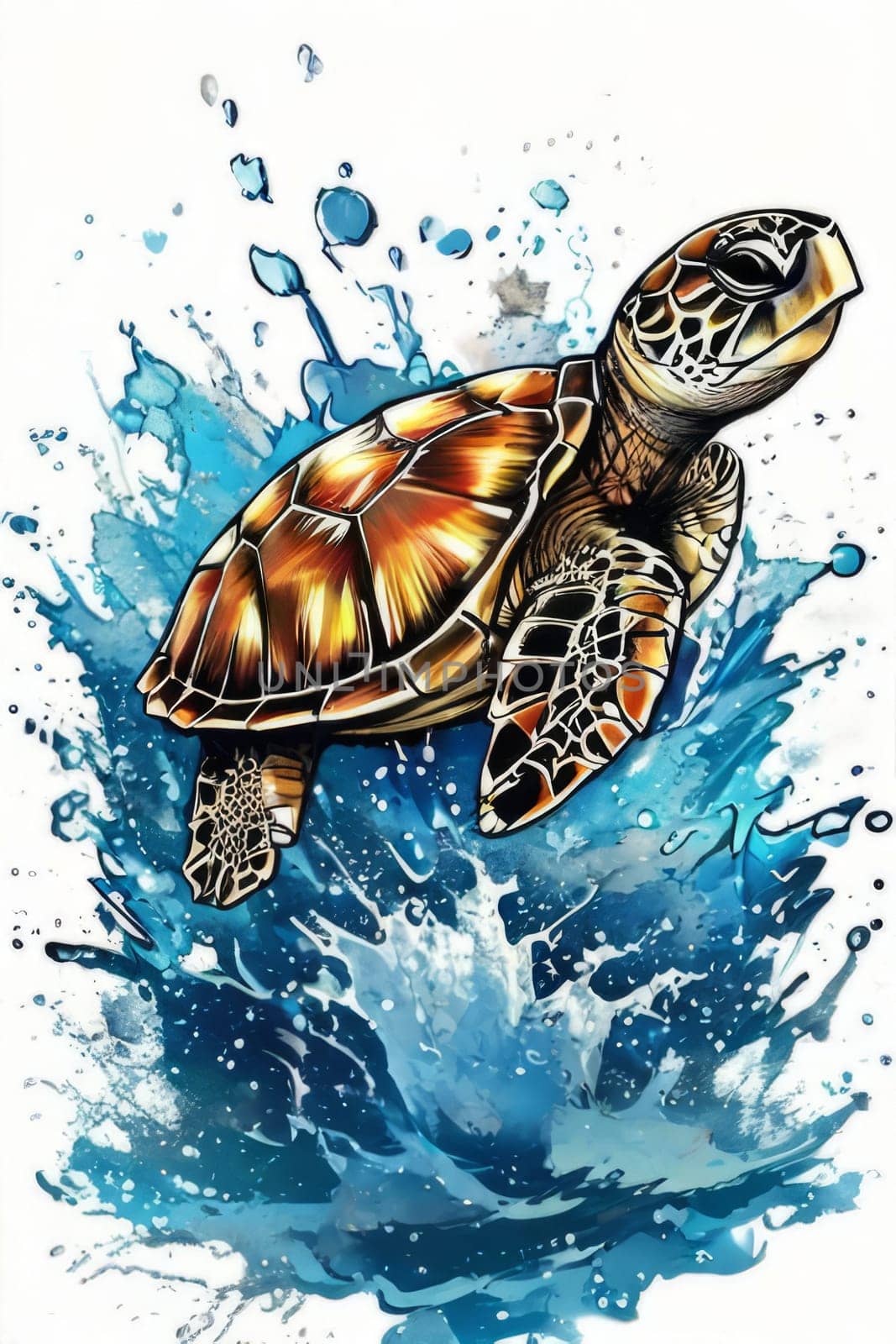 Turtle riding wave on white background. For Tshirt design, posters, postcards, other merchandise with marine theme, childrens books, educational materials for kids, tourism, stationery. by Angelsmoon