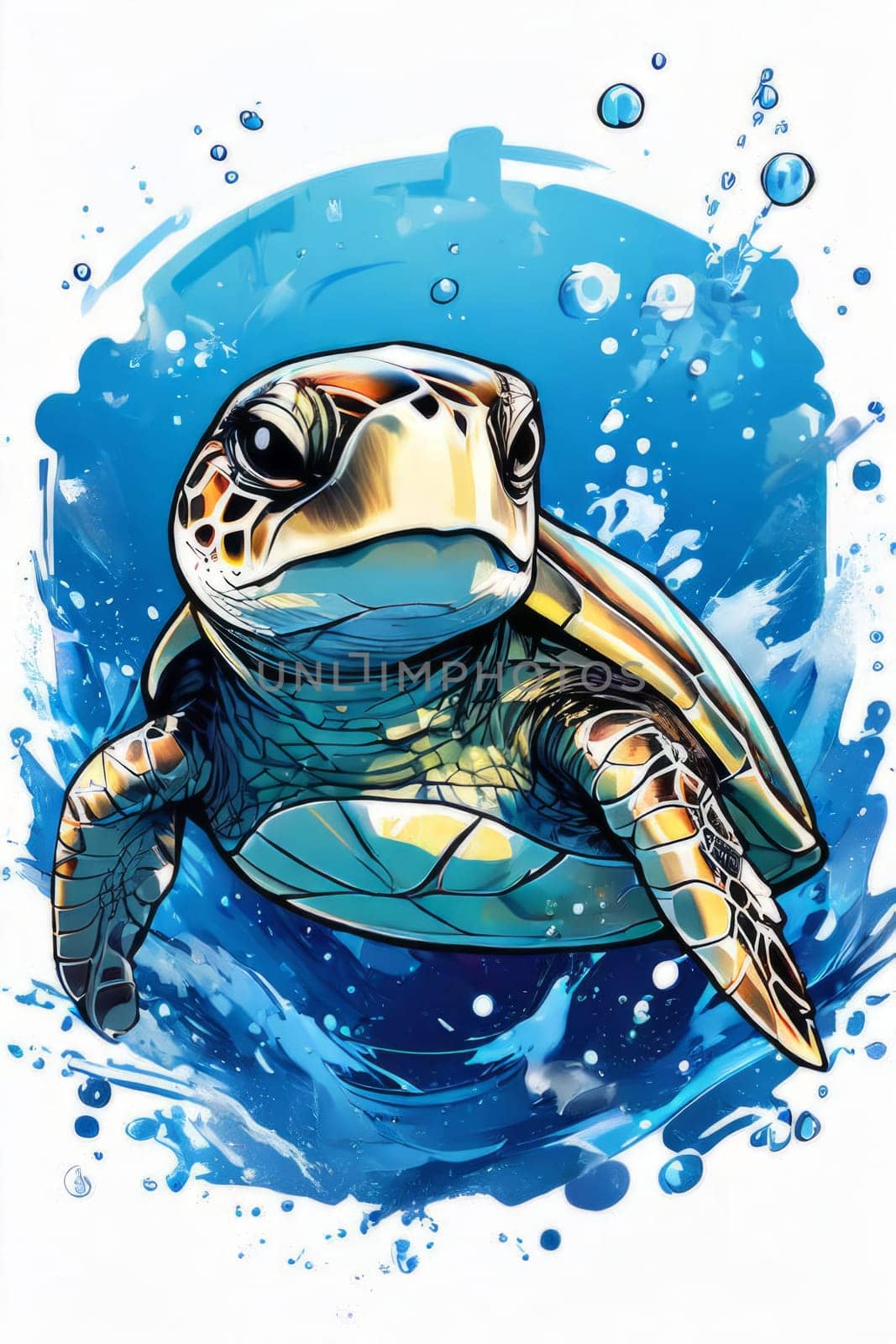 Turtle riding wave on white background. For Tshirt design, posters, postcards, other merchandise with marine theme, childrens books, educational materials for kids, tourism, stationery. by Angelsmoon