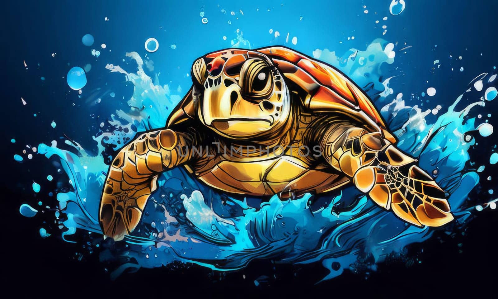 Turtle glides through its aquatic environment, showcasing beauty, tranquility of underwater world. For Tshirt design, posters, postcards, other merchandise with marine theme, childrens books, tourism