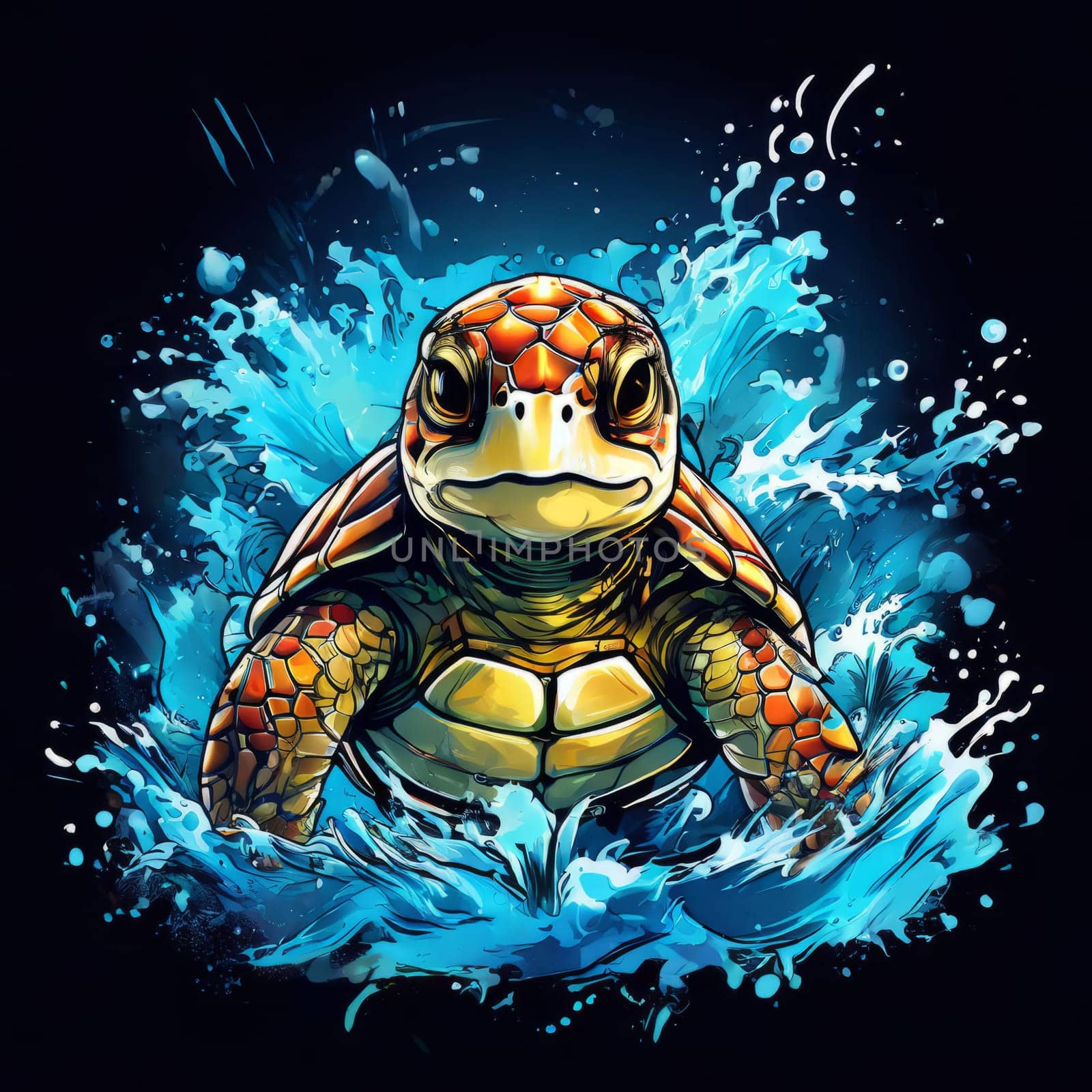 Vibrant sea turtle elegantly maneuvering its way through shimmering azure ocean depths, showcasing beauty, tranquility of marine life in its natural habitat.For fashion, clothing design, Tshirt design