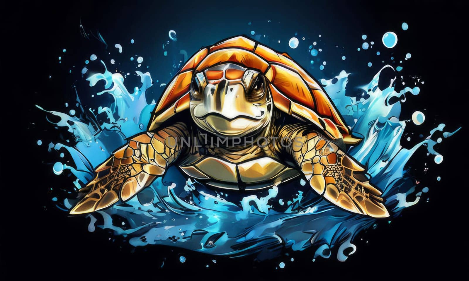 Turtle gracefully swimming in water surrounded by bubbles, showcasing its serene underwater world. For Tshirt design, posters, postcards, other merchandise with marine theme, childrens books