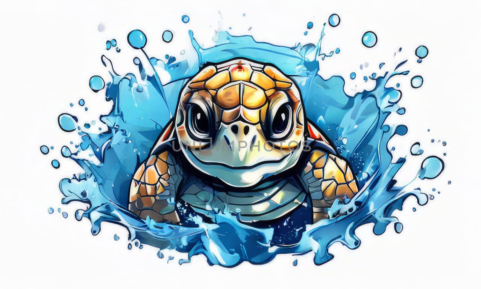 Majestic turtle glides effortlessly through clear blue waters, its shell glistening in sunlight. For educational materials for kids, game design, animated movies, tourism, stationery, Tshirt design. by Angelsmoon