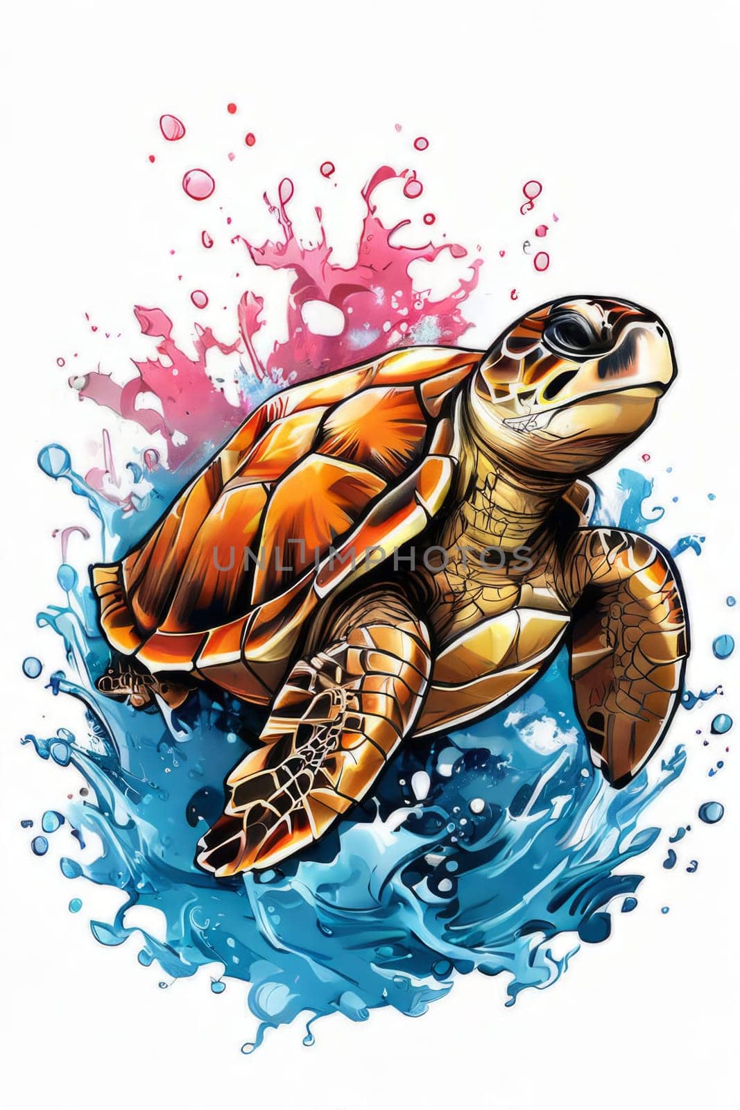 Serene turtle gracefully swimming through water amidst trail of bubbles. For fashion, clothing design, animal themed clothing advertising, as illustration for interesting clothing style, Tshirt design